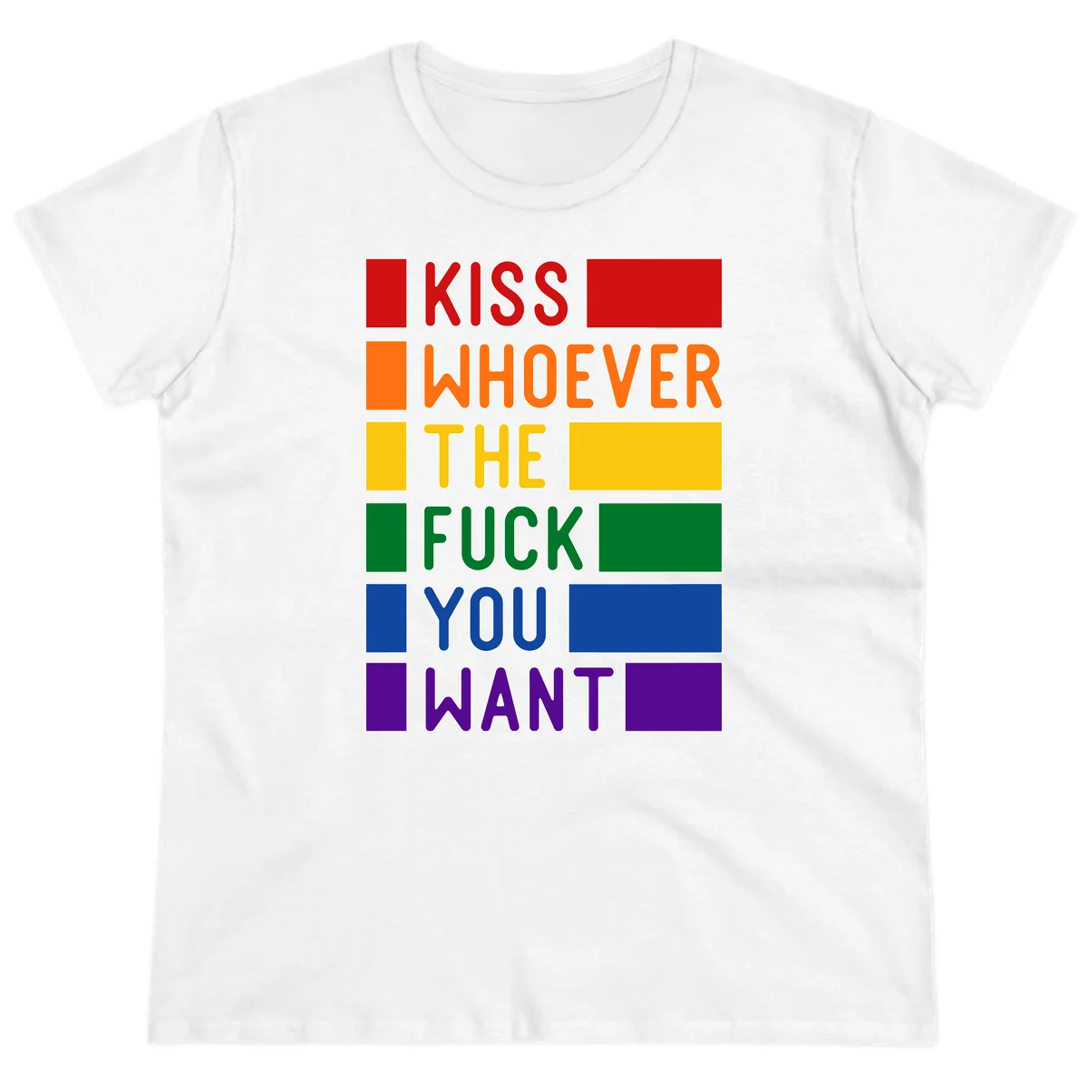 Colorful rainbow typography design reading 'Kiss Whoever The Fuck You Want' with each word in different pride colors on gray background in White