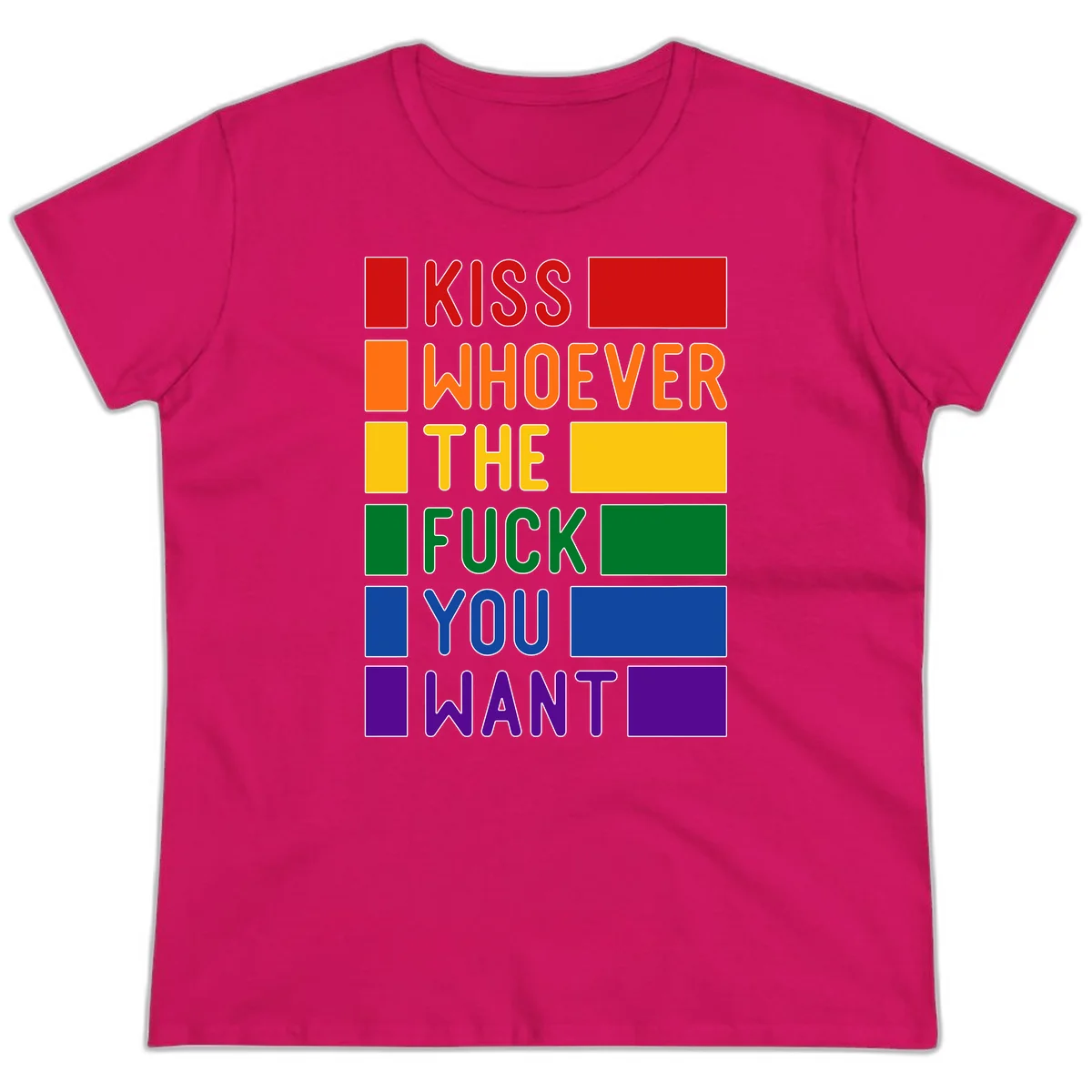 Colorful rainbow typography design reading 'Kiss Whoever The Fuck You Want' with each word in different pride colors on gray background in Heliconia