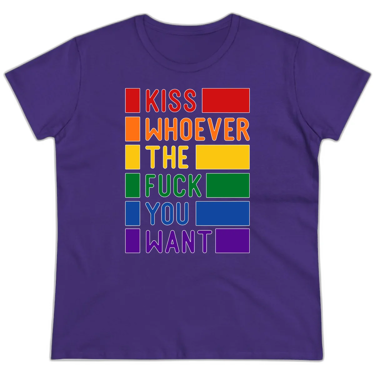 Colorful rainbow typography design reading 'Kiss Whoever The Fuck You Want' with each word in different pride colors on gray background in Purple