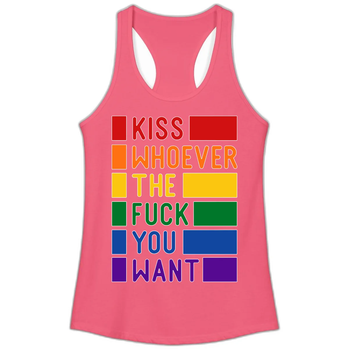 Colorful rainbow typography design reading 'Kiss Whoever The Fuck You Want' with each word in different pride colors on gray background in Hot Pink