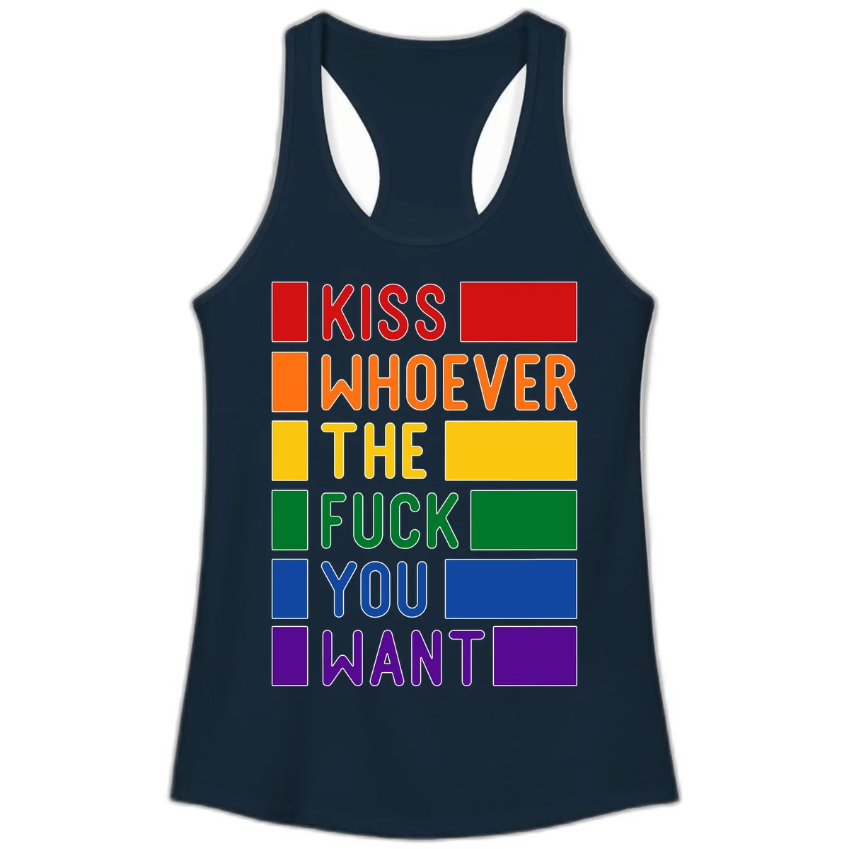 Colorful rainbow typography design reading 'Kiss Whoever The Fuck You Want' with each word in different pride colors on gray background in Solid Midnight Navy