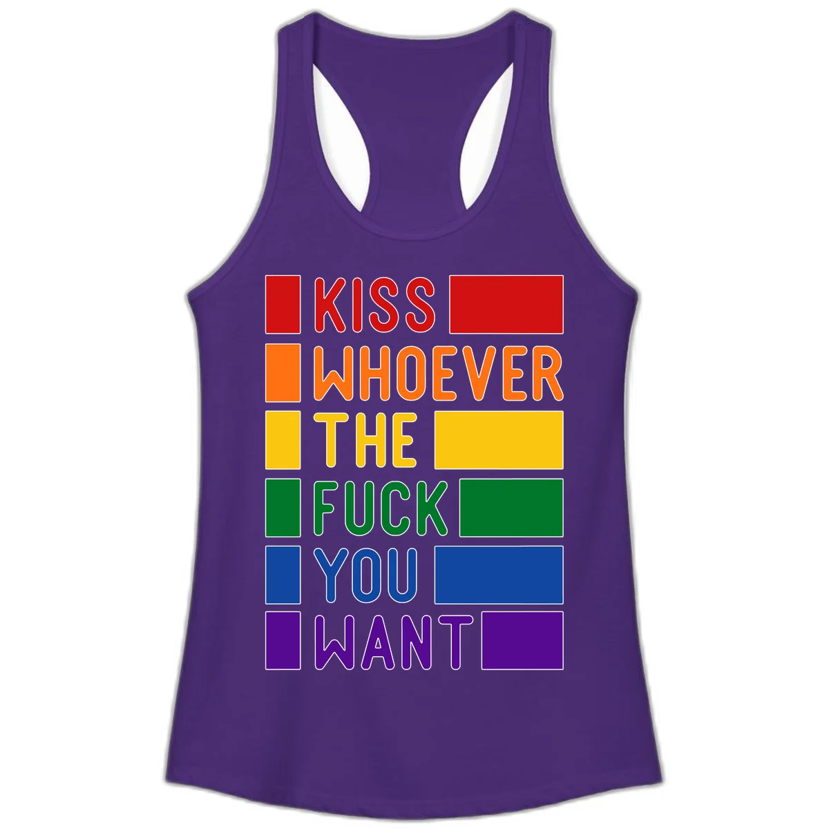 Colorful rainbow typography design reading 'Kiss Whoever The Fuck You Want' with each word in different pride colors on gray background in Solid Purple Rush