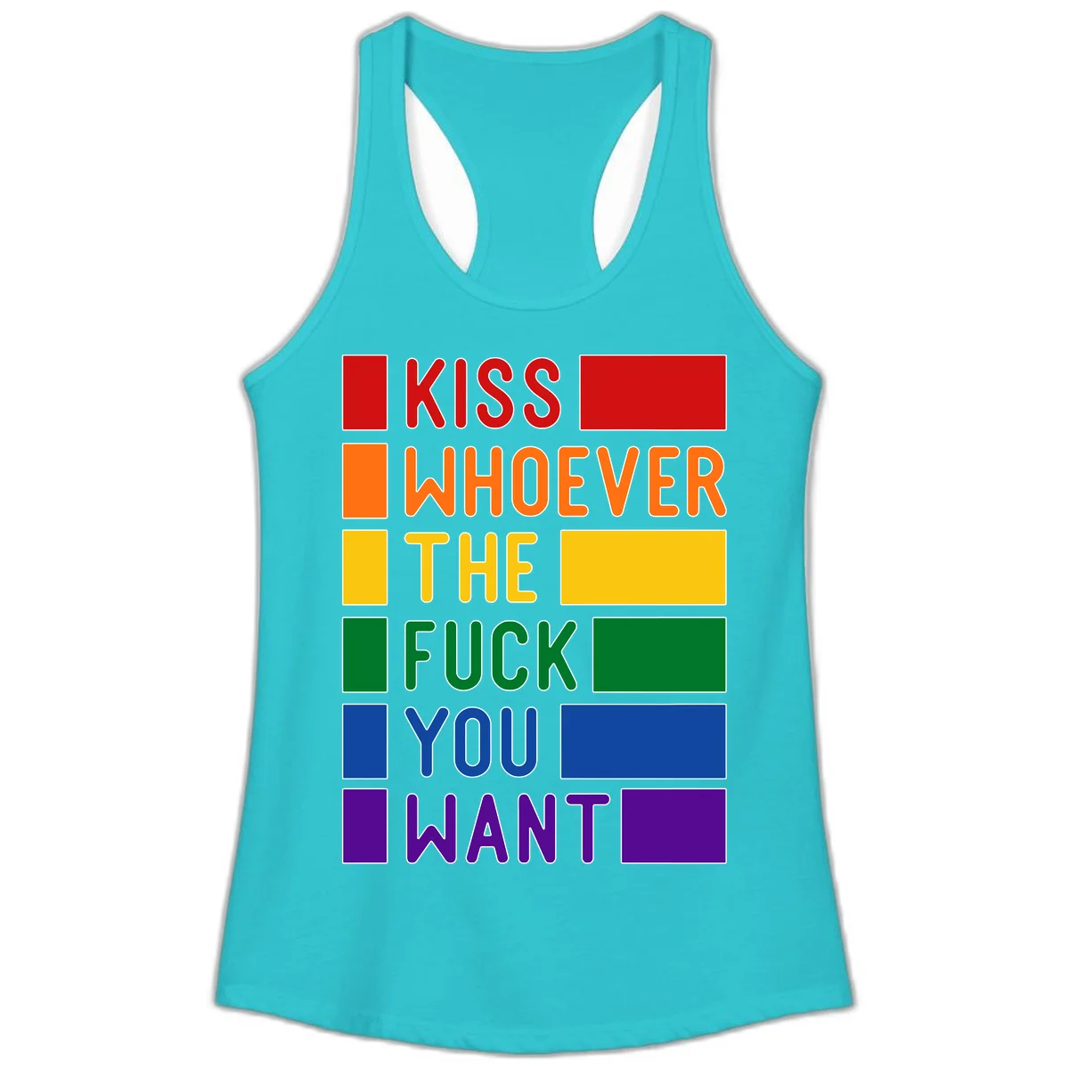 Colorful rainbow typography design reading 'Kiss Whoever The Fuck You Want' with each word in different pride colors on gray background in Solid Tahiti Blue