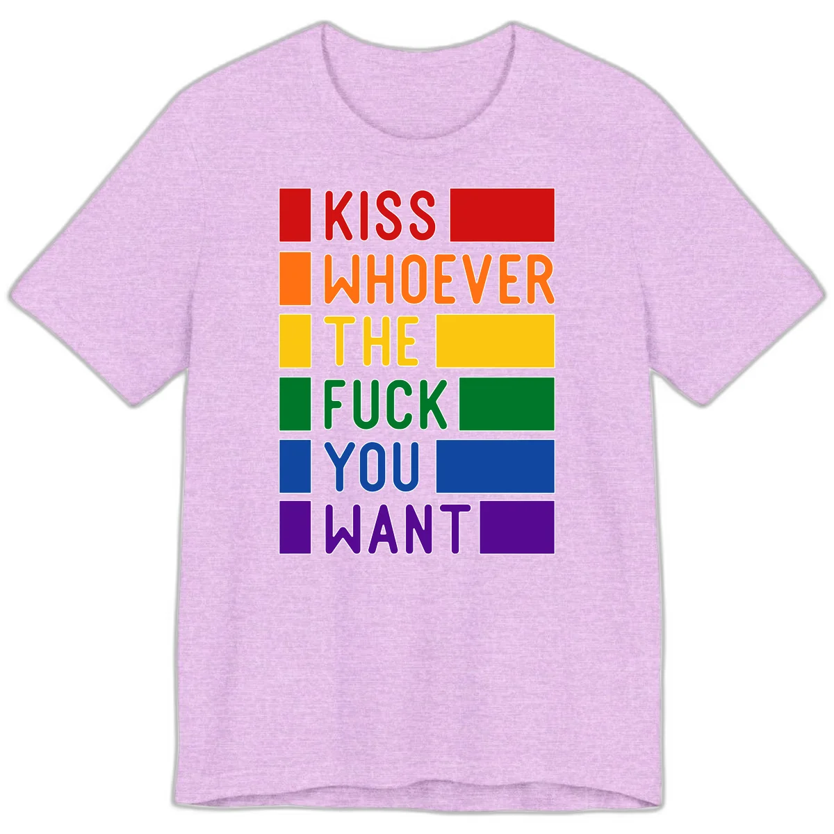 Colorful rainbow typography design reading 'Kiss Whoever The Fuck You Want' with each word in different pride colors on gray background in Heather Prism Lilac
