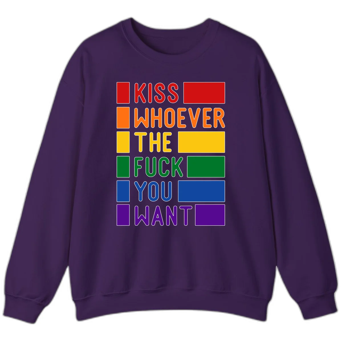 Colorful rainbow typography design reading 'Kiss Whoever The Fuck You Want' with each word in different pride colors on gray background in Purple