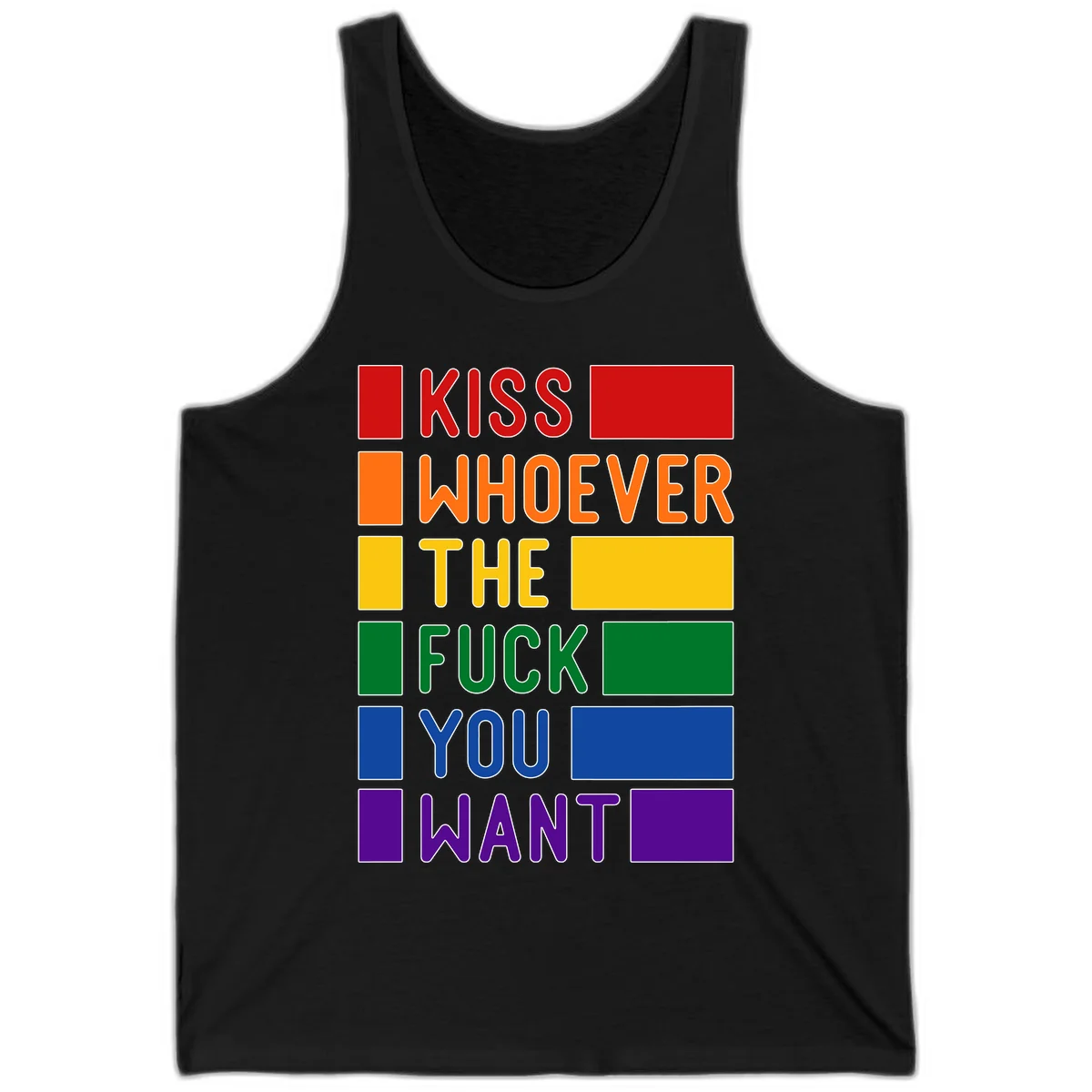 Colorful rainbow typography design reading 'Kiss Whoever The Fuck You Want' with each word in different pride colors on gray background in Black