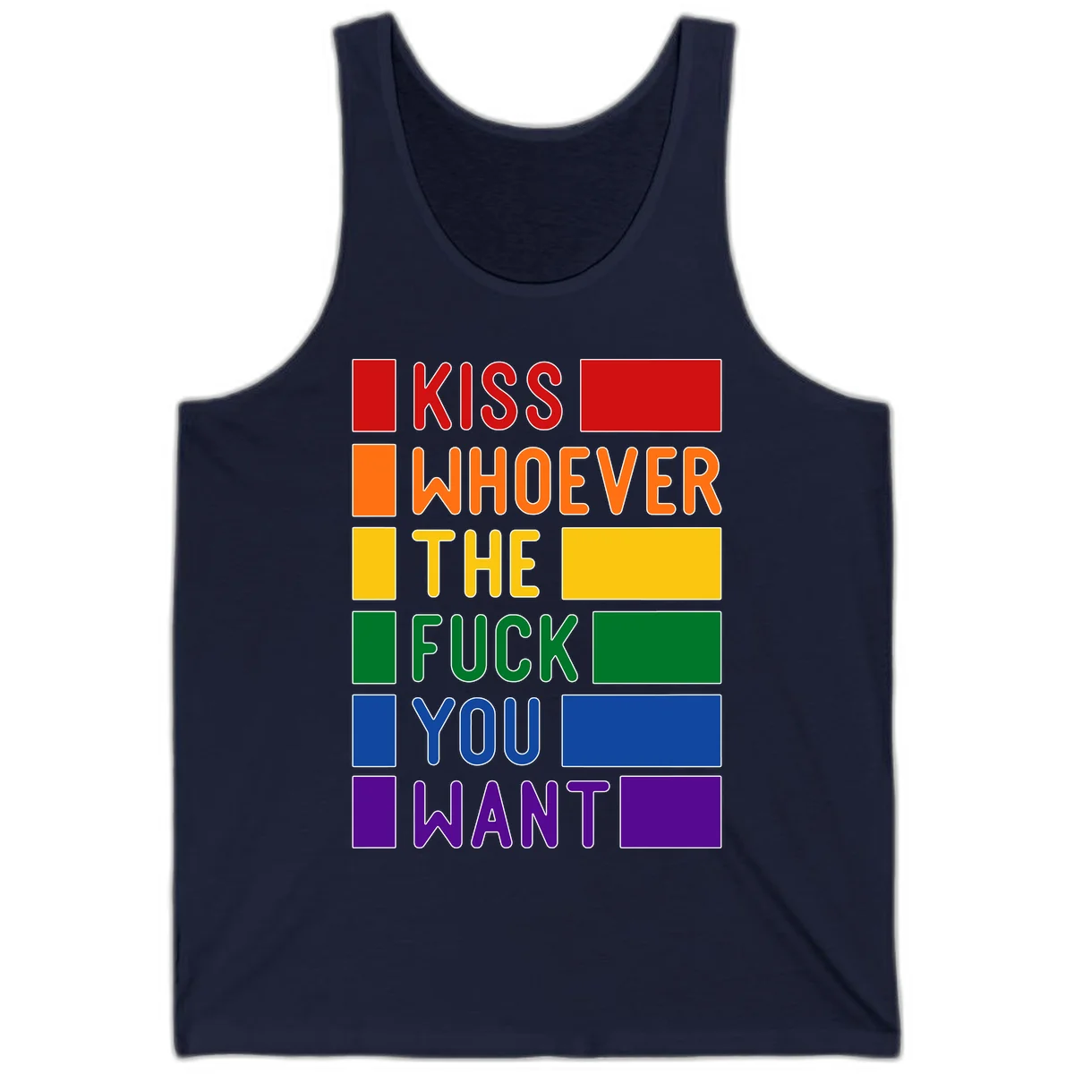 Colorful rainbow typography design reading 'Kiss Whoever The Fuck You Want' with each word in different pride colors on gray background in Navy