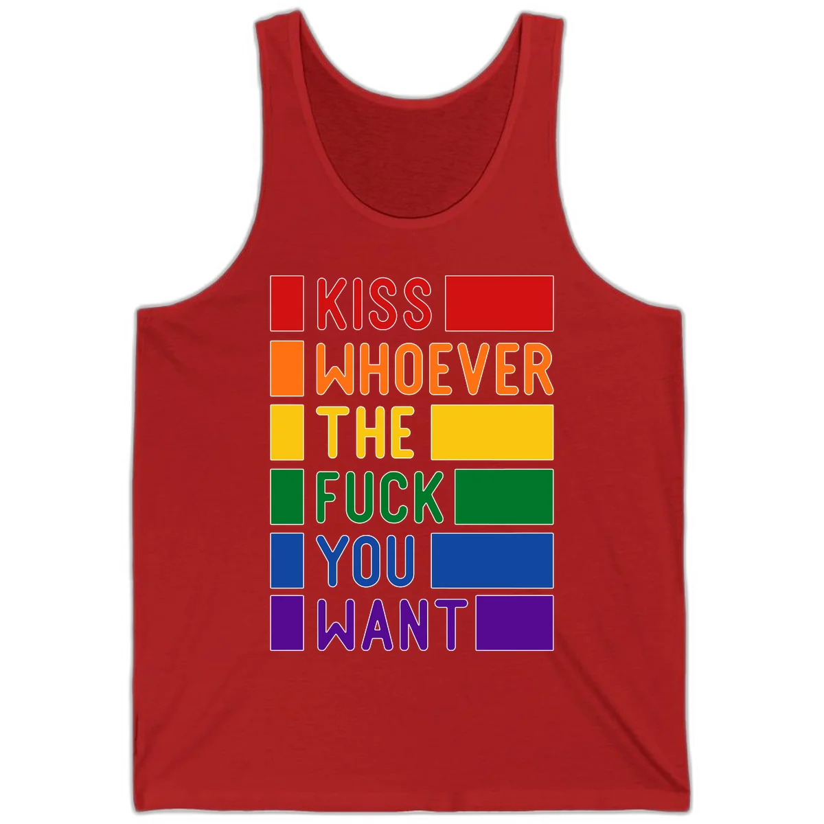 Colorful rainbow typography design reading 'Kiss Whoever The Fuck You Want' with each word in different pride colors on gray background in Red