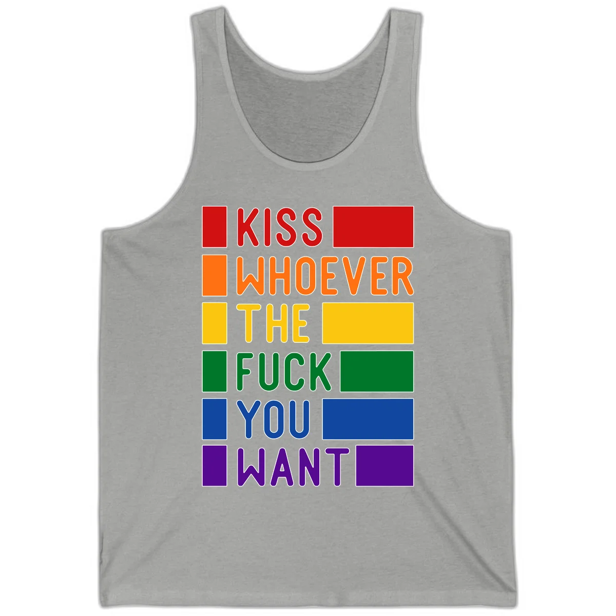Colorful rainbow typography design reading 'Kiss Whoever The Fuck You Want' with each word in different pride colors on gray background in Athletic Heather