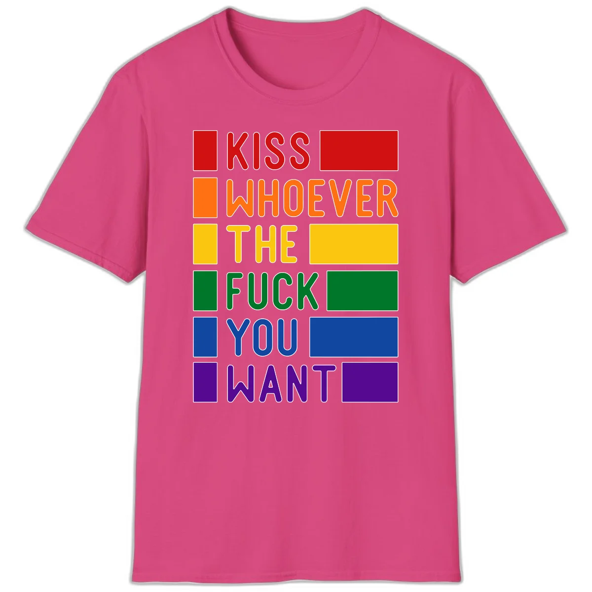 Colorful rainbow typography design reading 'Kiss Whoever The Fuck You Want' with each word in different pride colors on gray background in Heliconia