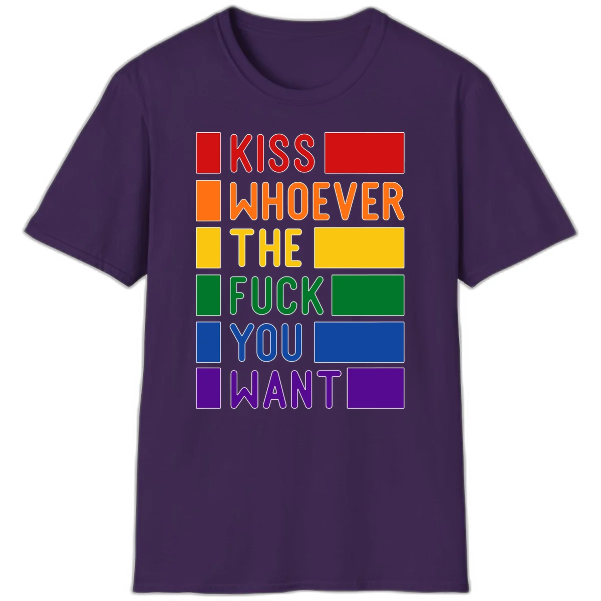 Colorful rainbow typography design reading 'Kiss Whoever The Fuck You Want' with each word in different pride colors on gray background in Purple