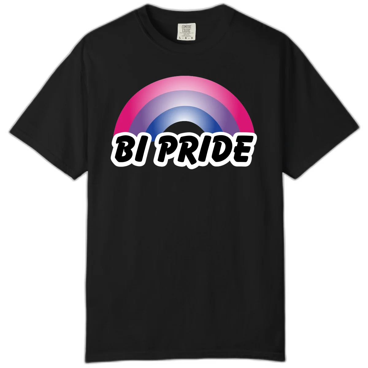 Bi pride rainbow gradient arc with concentric circles in pink, purple, and blue colors, with bold 'BI PRIDE' text below in Black