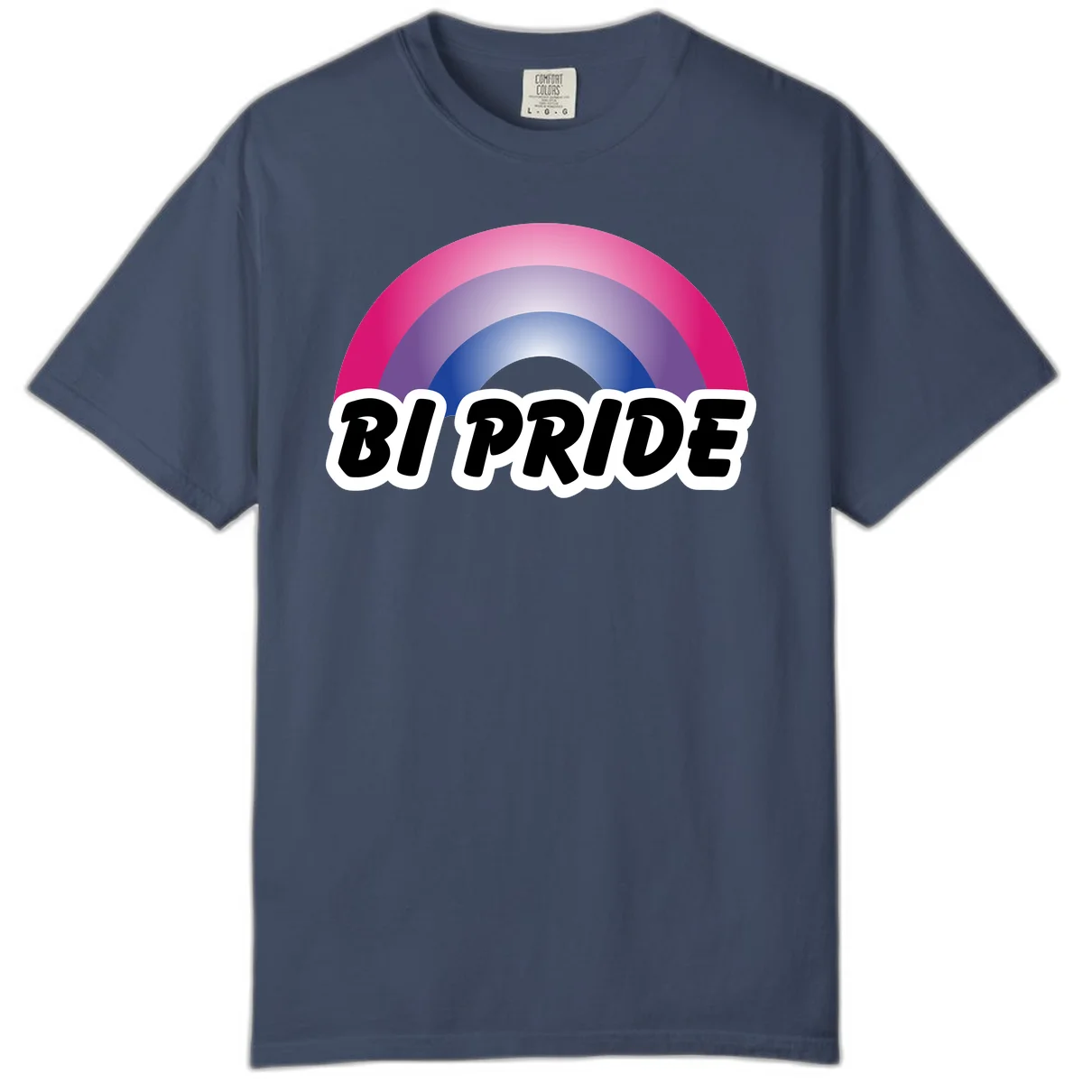 Bi pride rainbow gradient arc with concentric circles in pink, purple, and blue colors, with bold 'BI PRIDE' text below in Midnight
