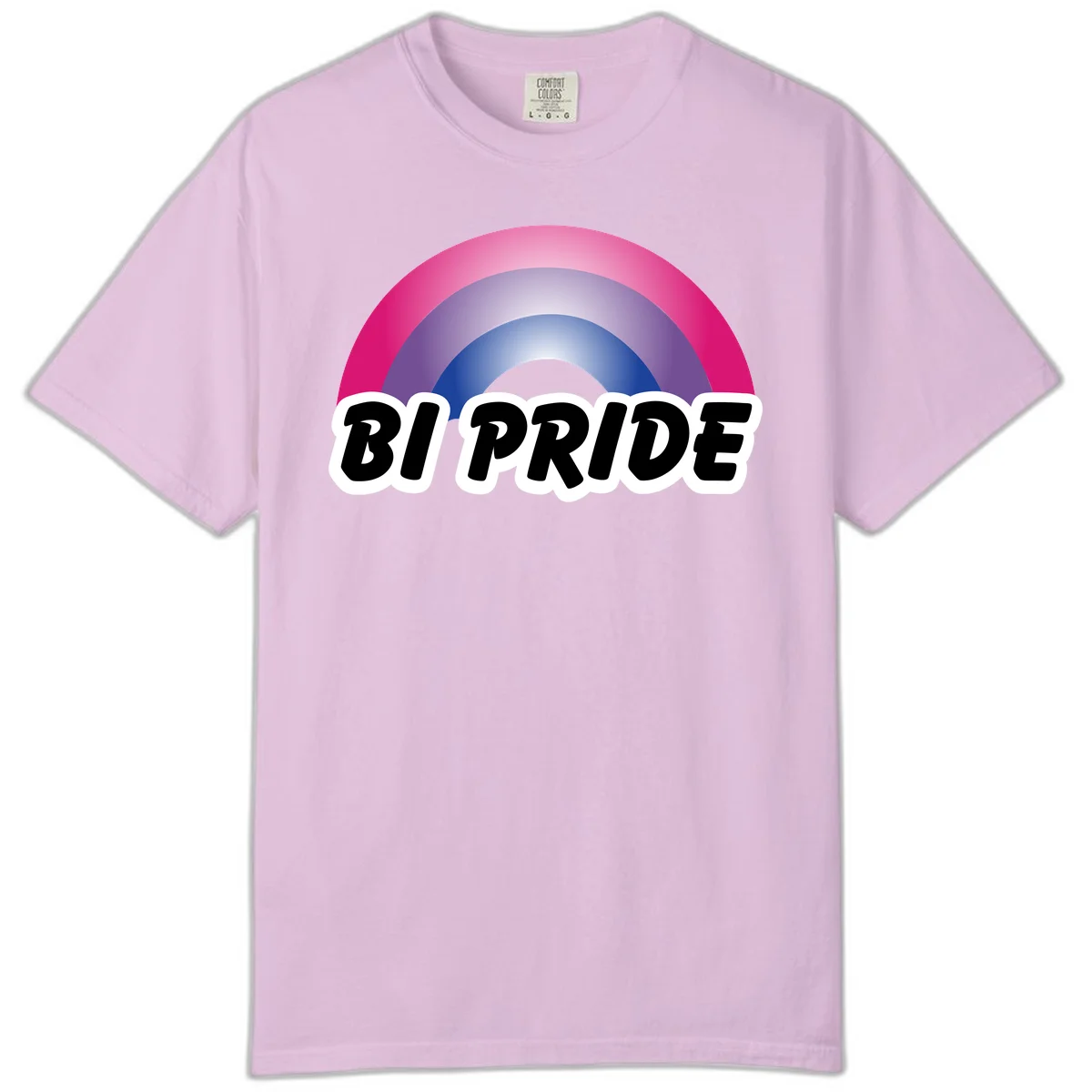 Bi pride rainbow gradient arc with concentric circles in pink, purple, and blue colors, with bold 'BI PRIDE' text below in Orchid