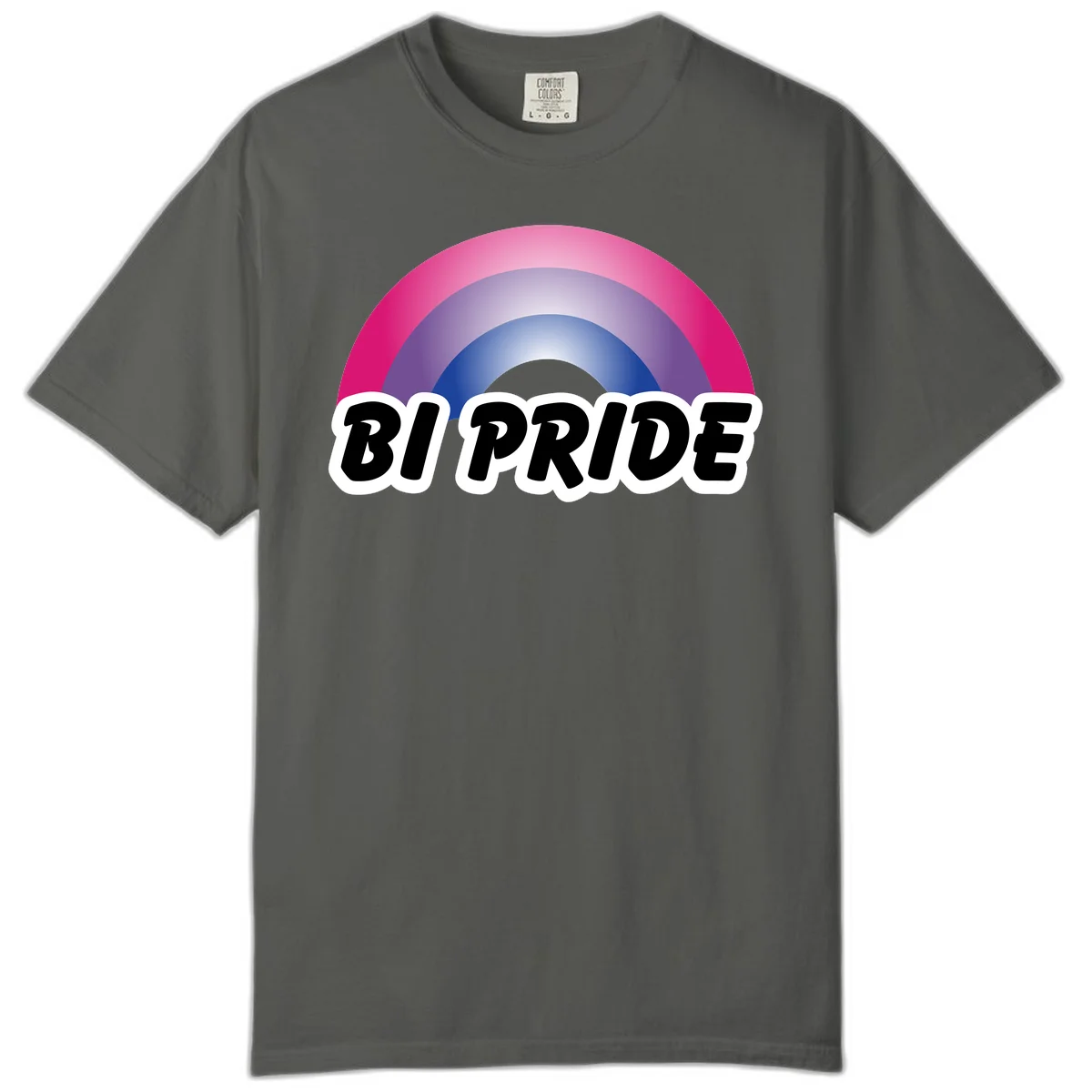 Bi pride rainbow gradient arc with concentric circles in pink, purple, and blue colors, with bold 'BI PRIDE' text below in Pepper