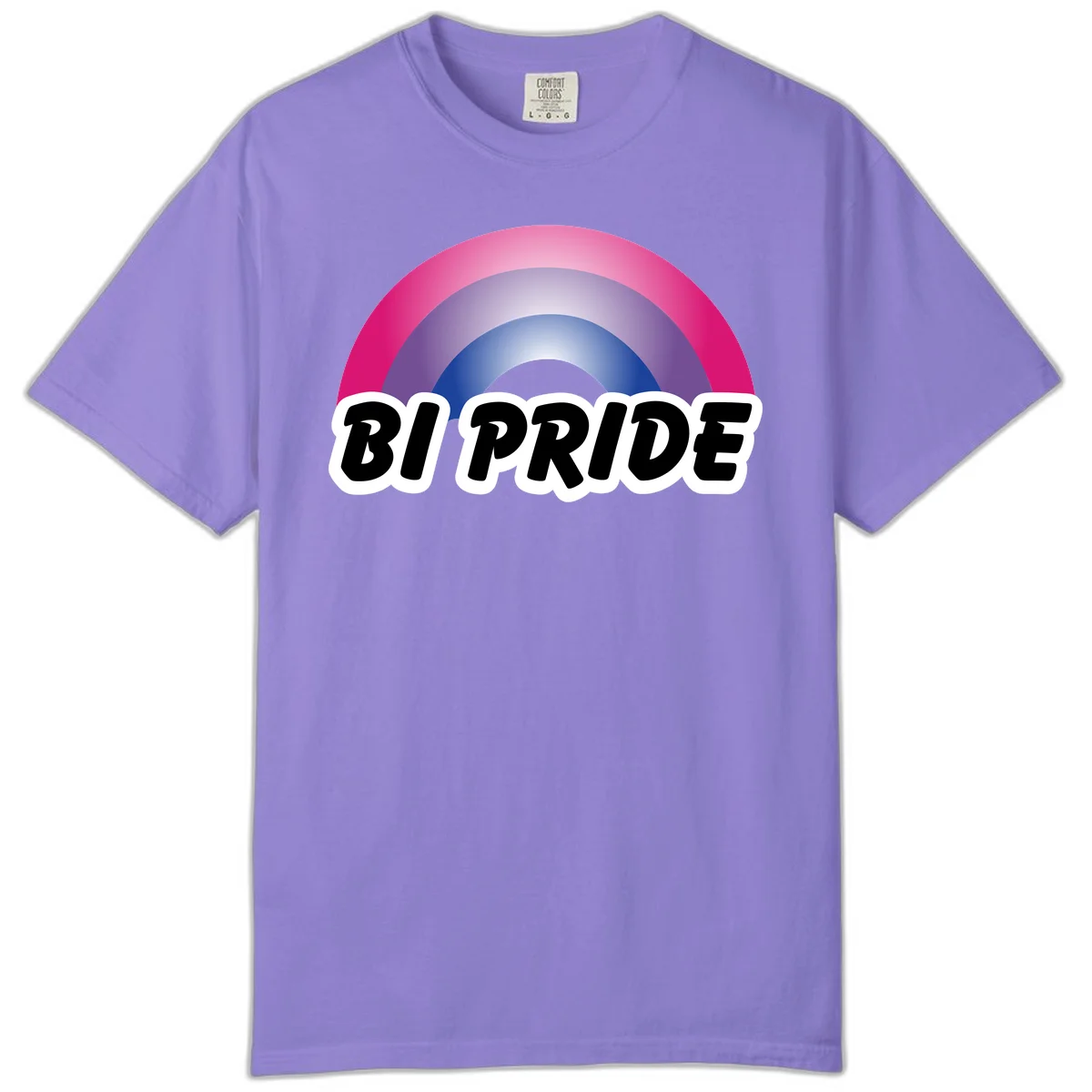 Bi pride rainbow gradient arc with concentric circles in pink, purple, and blue colors, with bold 'BI PRIDE' text below in Violet