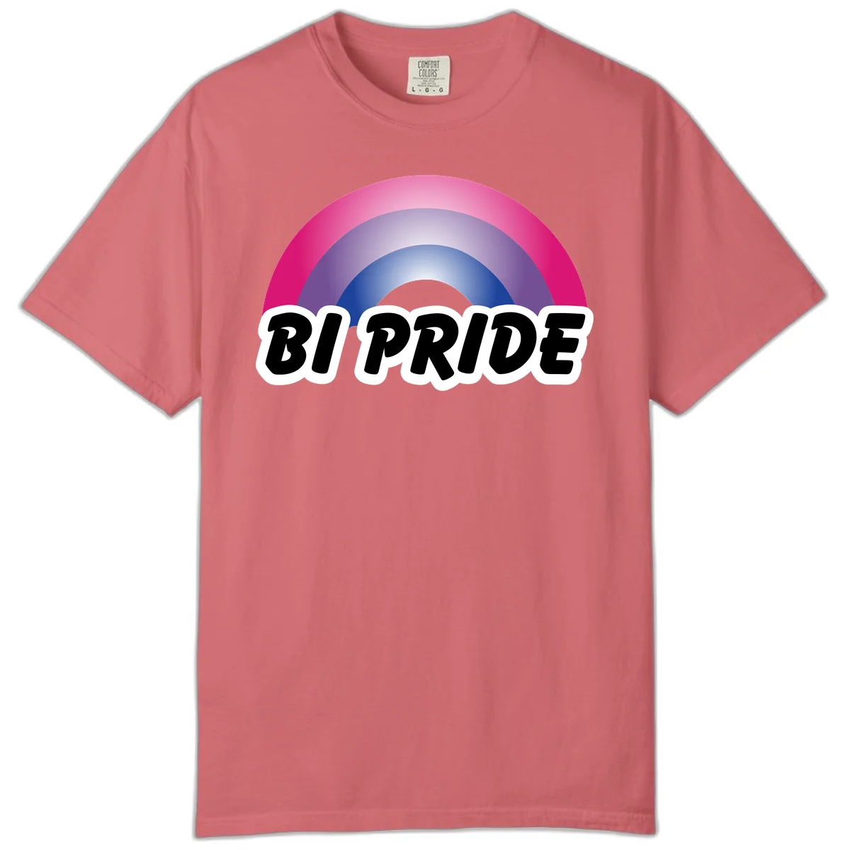 Bi pride rainbow gradient arc with concentric circles in pink, purple, and blue colors, with bold 'BI PRIDE' text below in Watermelon