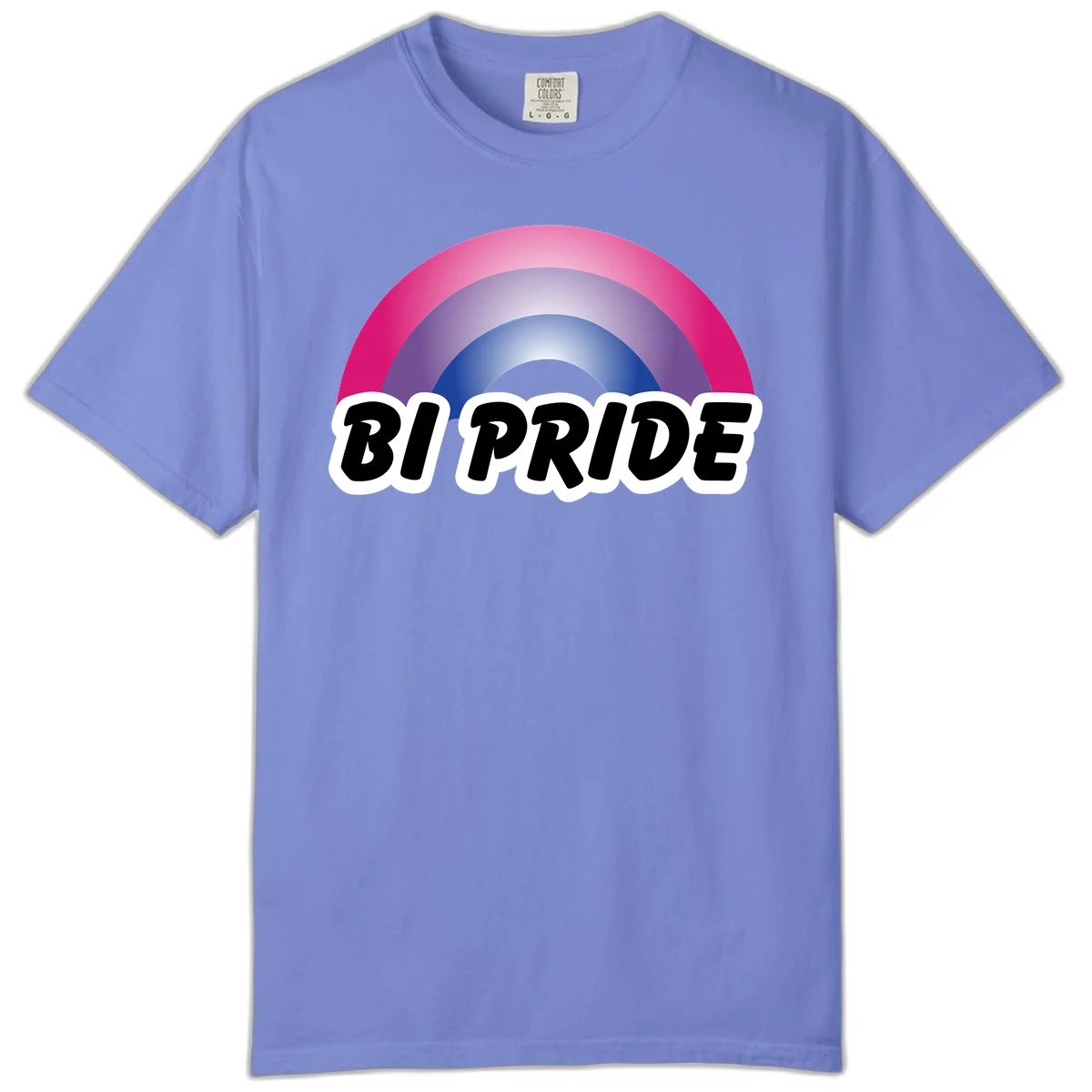 Bi pride rainbow gradient arc with concentric circles in pink, purple, and blue colors, with bold 'BI PRIDE' text below in Flo Blue