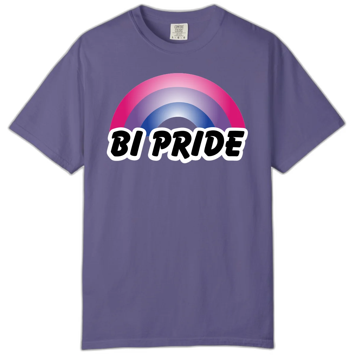 Bi pride rainbow gradient arc with concentric circles in pink, purple, and blue colors, with bold 'BI PRIDE' text below in Grape