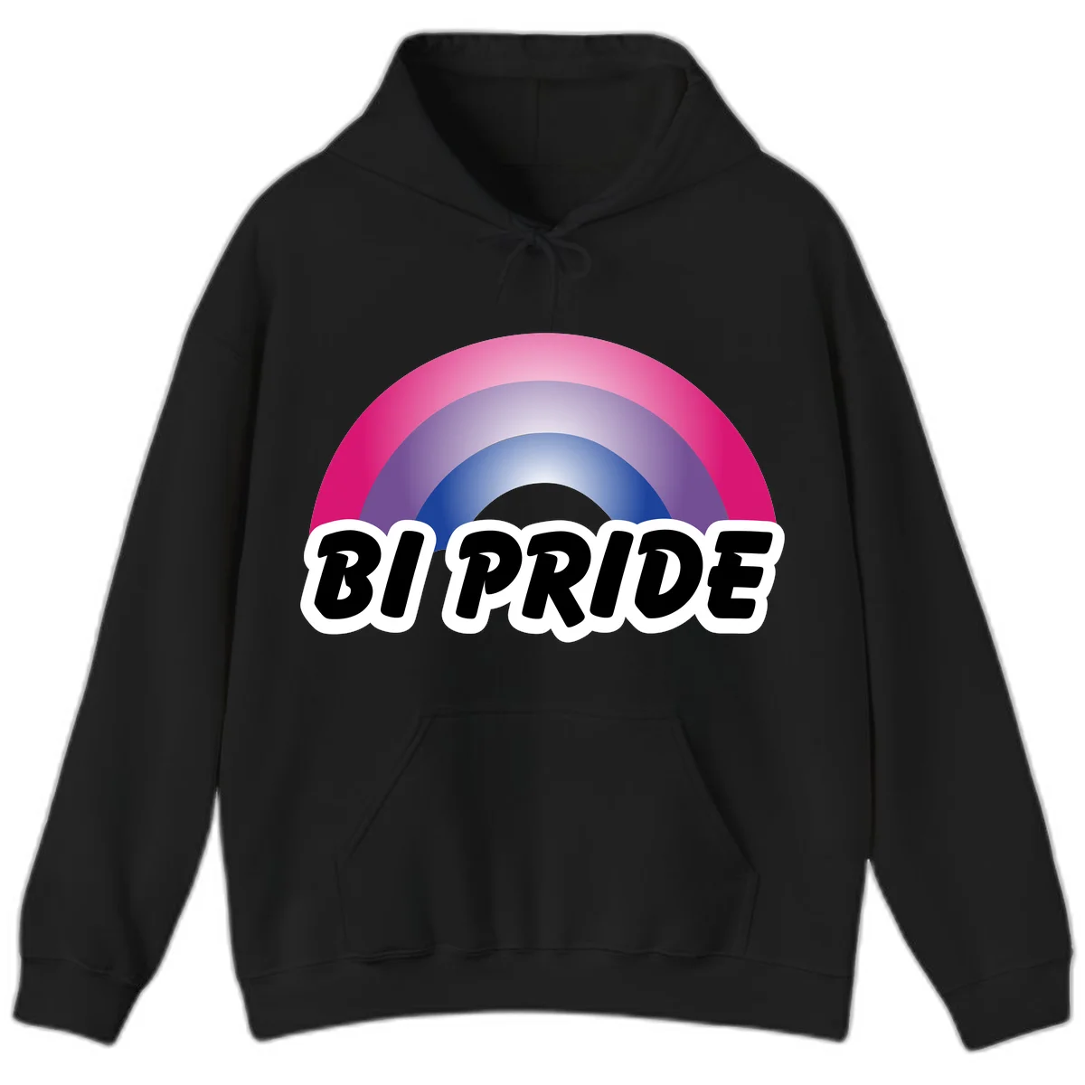 Bi pride rainbow gradient arc with concentric circles in pink, purple, and blue colors, with bold 'BI PRIDE' text below in Black