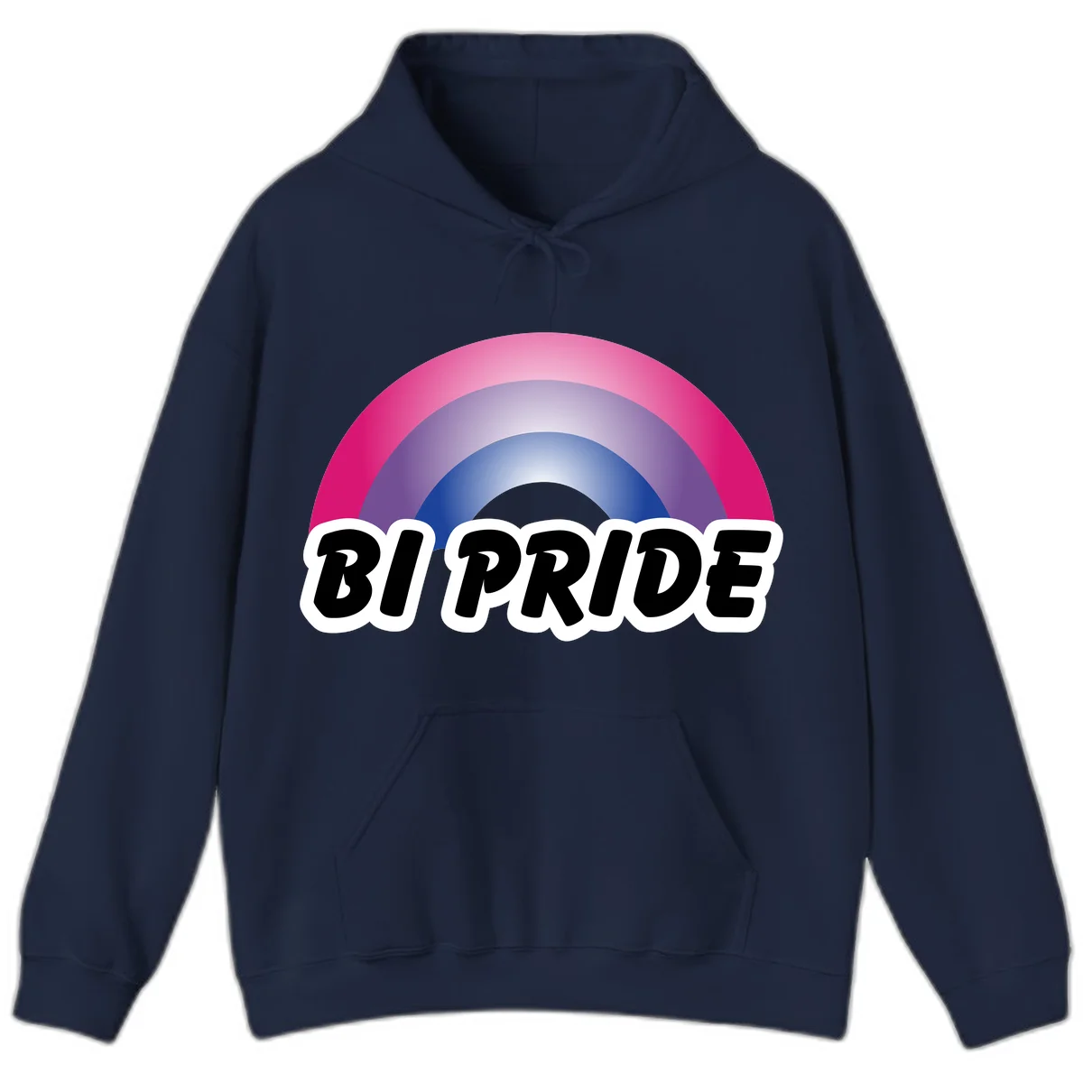Bi pride rainbow gradient arc with concentric circles in pink, purple, and blue colors, with bold 'BI PRIDE' text below in Navy