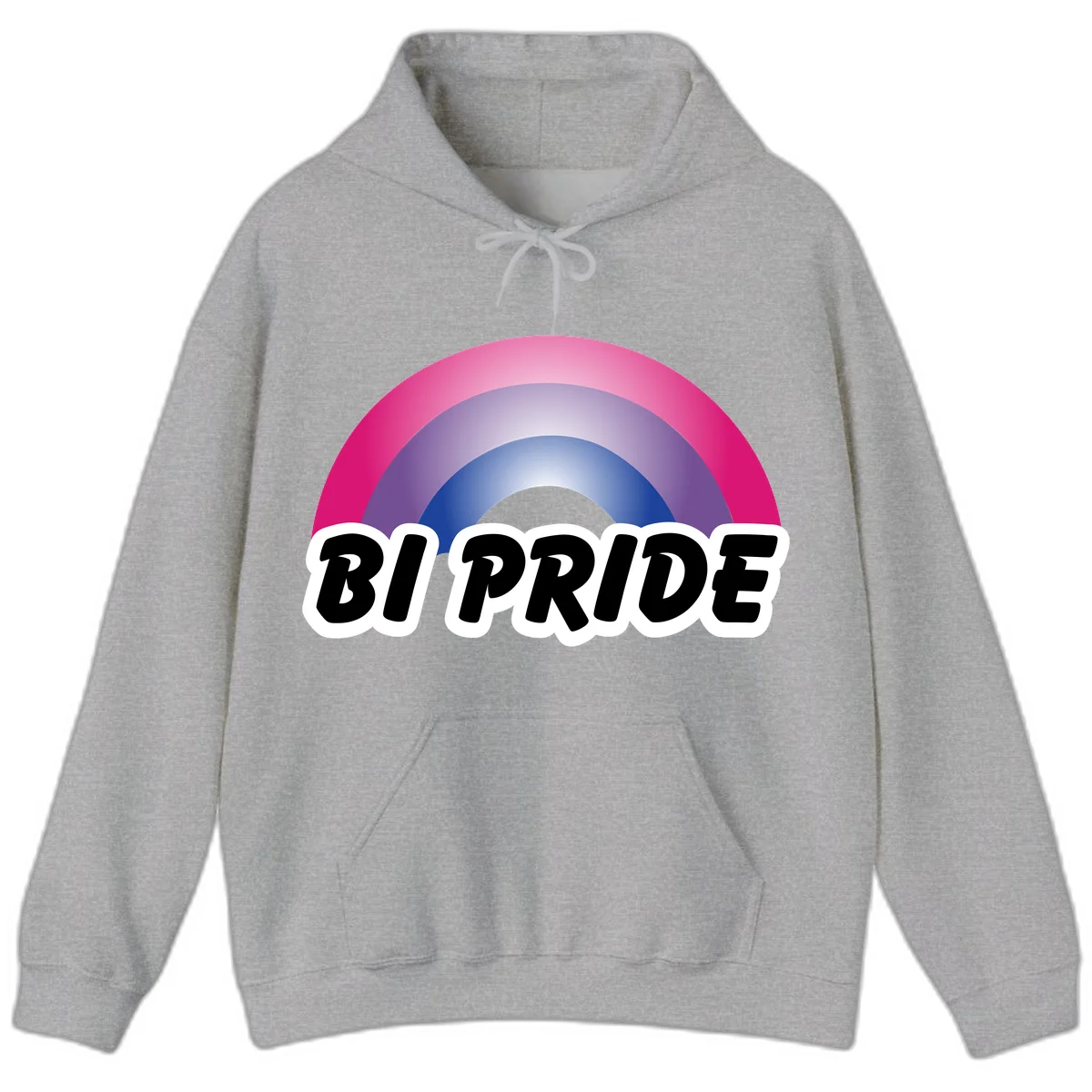 Bi pride rainbow gradient arc with concentric circles in pink, purple, and blue colors, with bold 'BI PRIDE' text below in Sport Grey