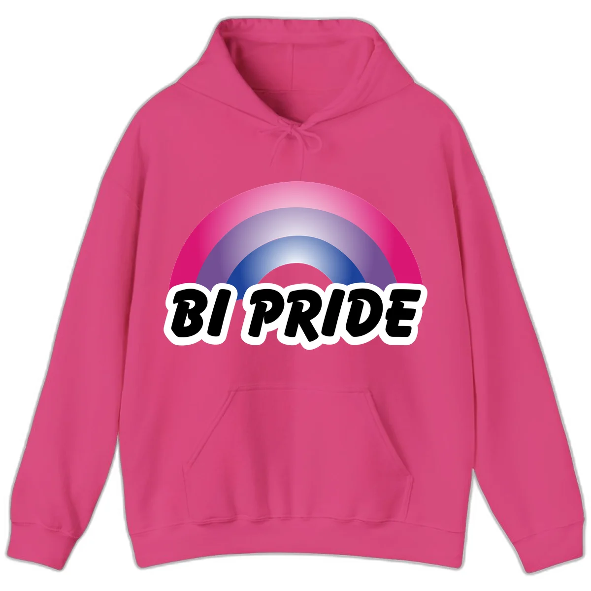 Bi pride rainbow gradient arc with concentric circles in pink, purple, and blue colors, with bold 'BI PRIDE' text below in Heliconia