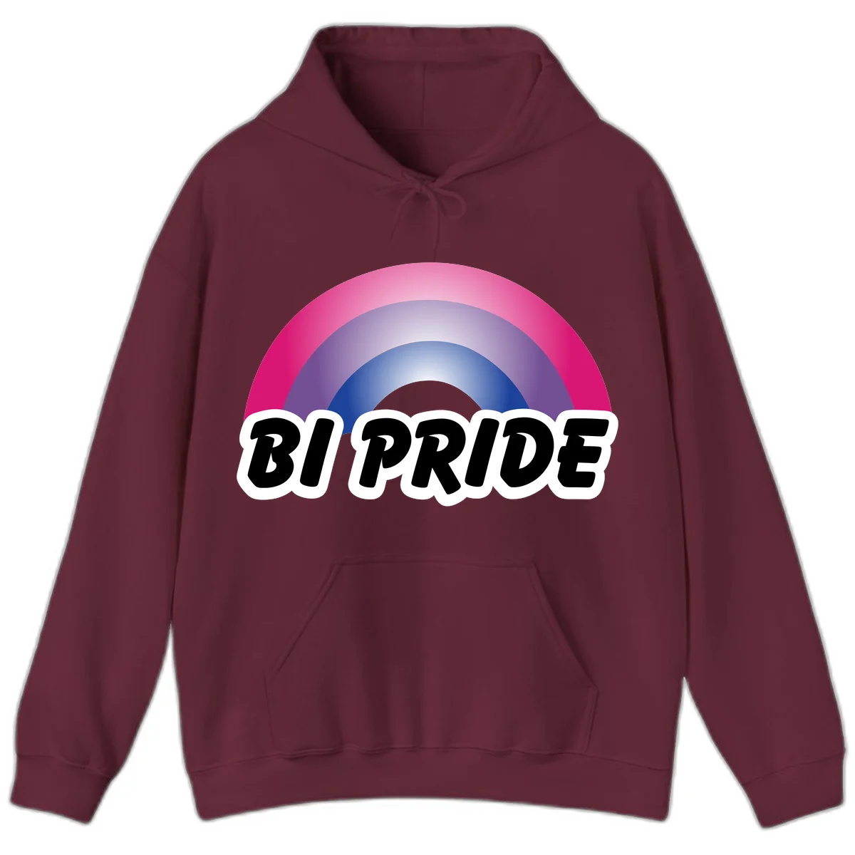 Bi pride rainbow gradient arc with concentric circles in pink, purple, and blue colors, with bold 'BI PRIDE' text below in Maroon