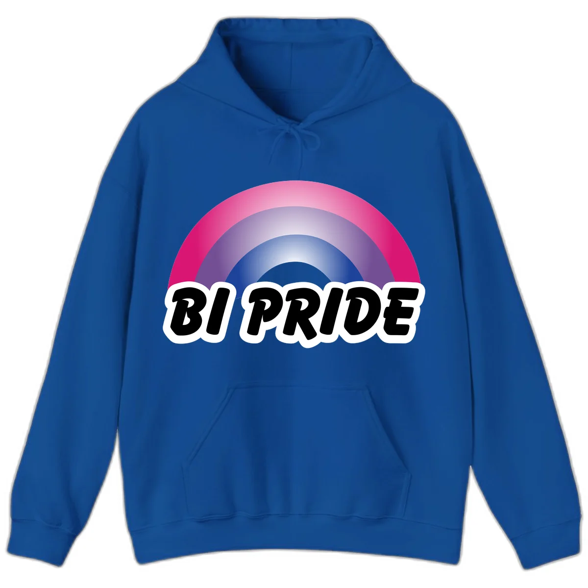 Bi pride rainbow gradient arc with concentric circles in pink, purple, and blue colors, with bold 'BI PRIDE' text below in Royal
