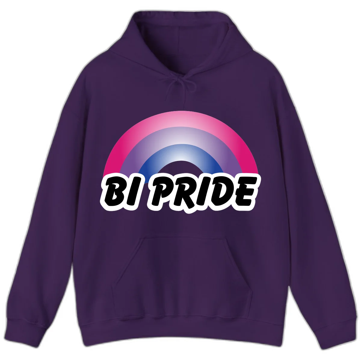 Bi pride rainbow gradient arc with concentric circles in pink, purple, and blue colors, with bold 'BI PRIDE' text below in Purple