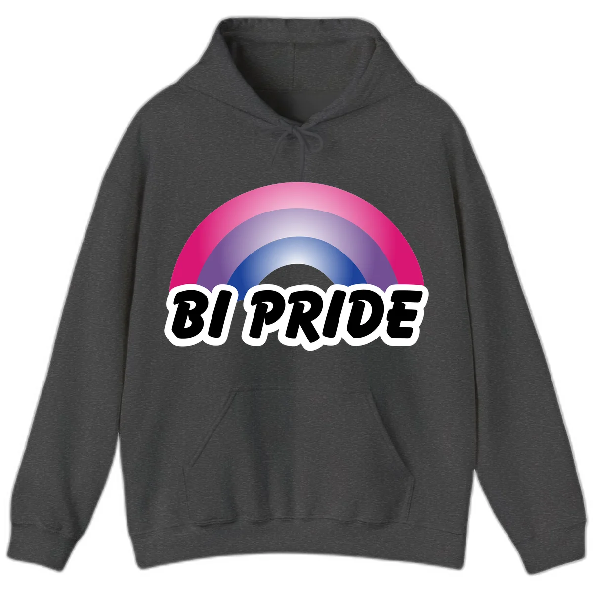 Bi pride rainbow gradient arc with concentric circles in pink, purple, and blue colors, with bold 'BI PRIDE' text below in Dark Heather