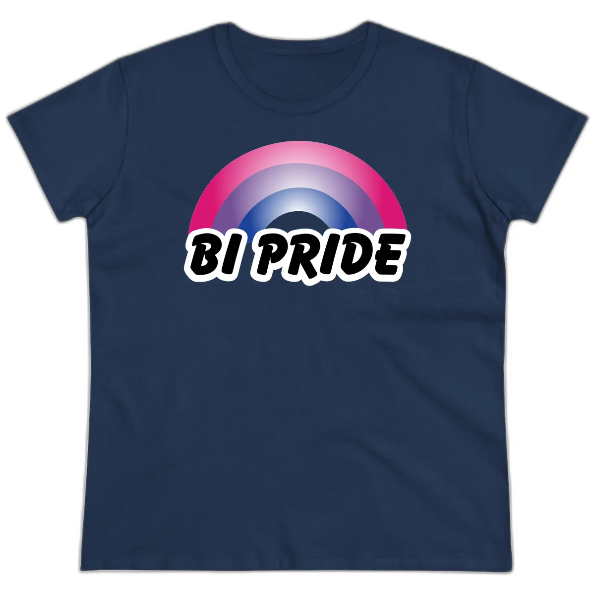 Bi pride rainbow gradient arc with concentric circles in pink, purple, and blue colors, with bold 'BI PRIDE' text below in Navy