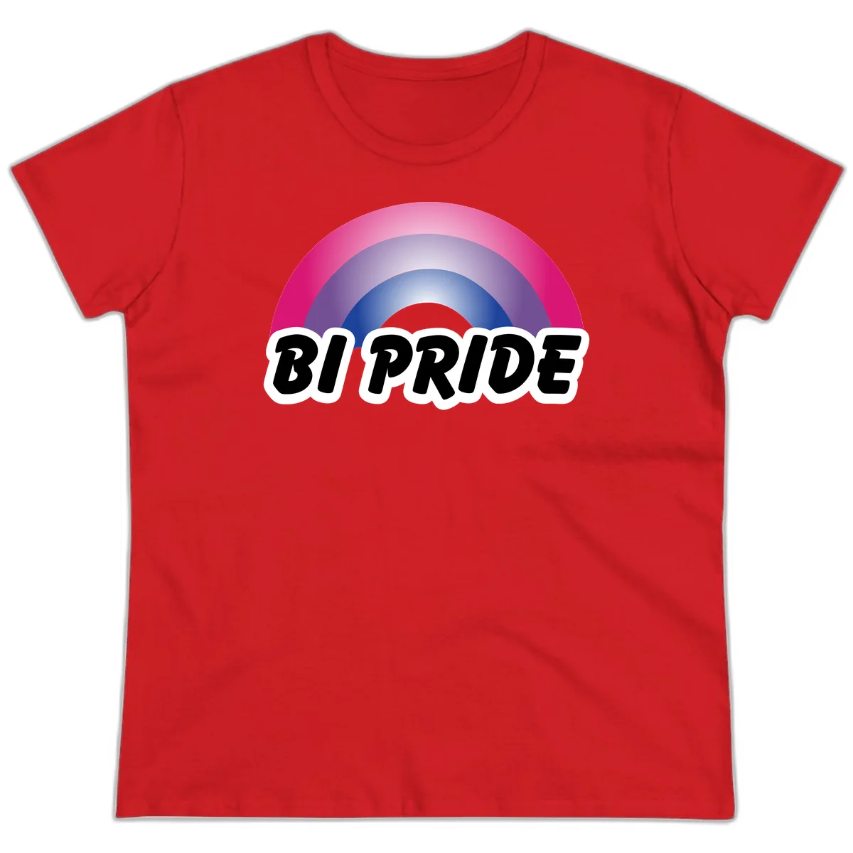 Bi pride rainbow gradient arc with concentric circles in pink, purple, and blue colors, with bold 'BI PRIDE' text below in Red