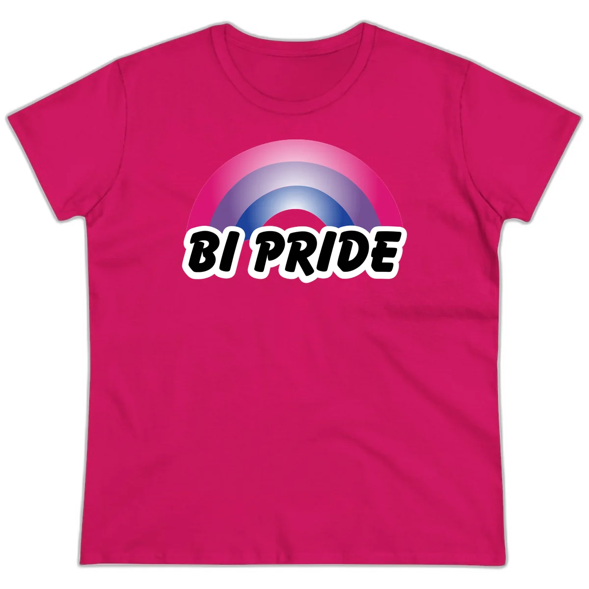 Bi pride rainbow gradient arc with concentric circles in pink, purple, and blue colors, with bold 'BI PRIDE' text below in Heliconia