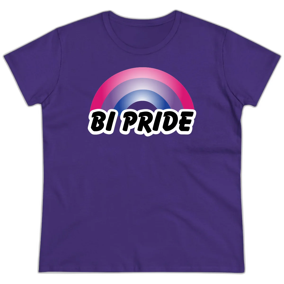 Bi pride rainbow gradient arc with concentric circles in pink, purple, and blue colors, with bold 'BI PRIDE' text below in Purple
