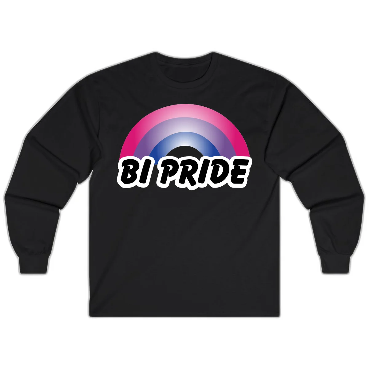 Bi pride rainbow gradient arc with concentric circles in pink, purple, and blue colors, with bold 'BI PRIDE' text below in Black