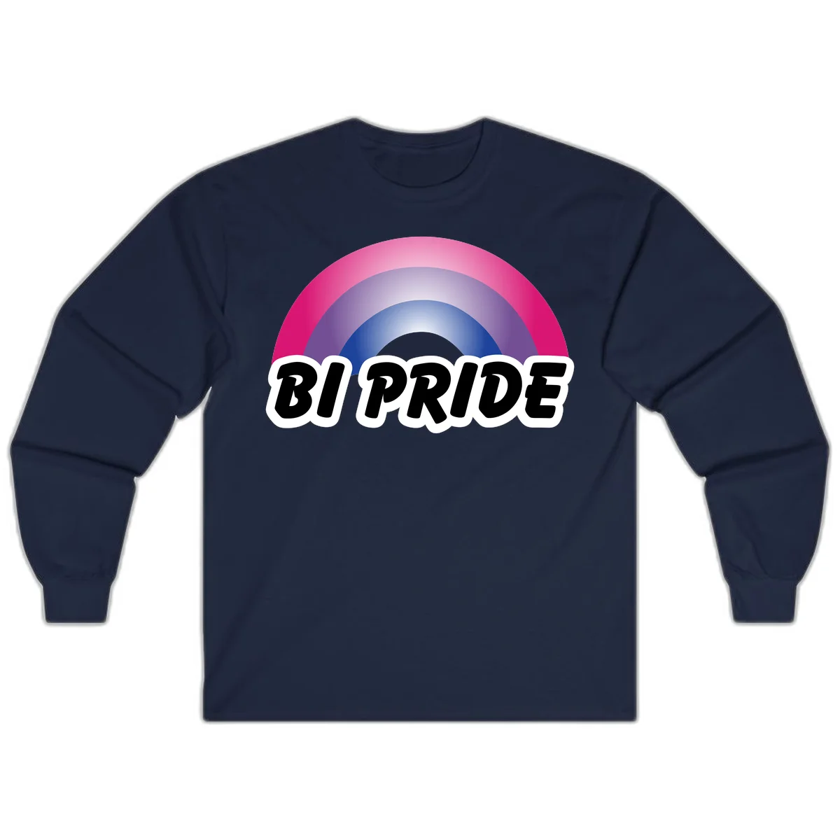 Bi pride rainbow gradient arc with concentric circles in pink, purple, and blue colors, with bold 'BI PRIDE' text below in Navy