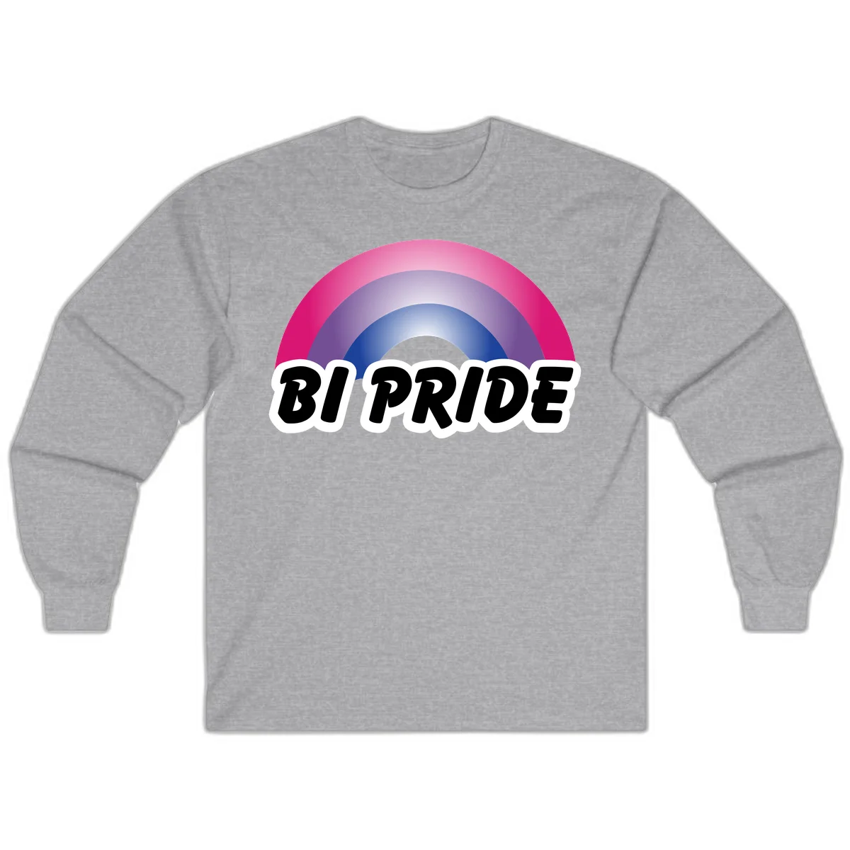 Bi pride rainbow gradient arc with concentric circles in pink, purple, and blue colors, with bold 'BI PRIDE' text below in Sport Grey