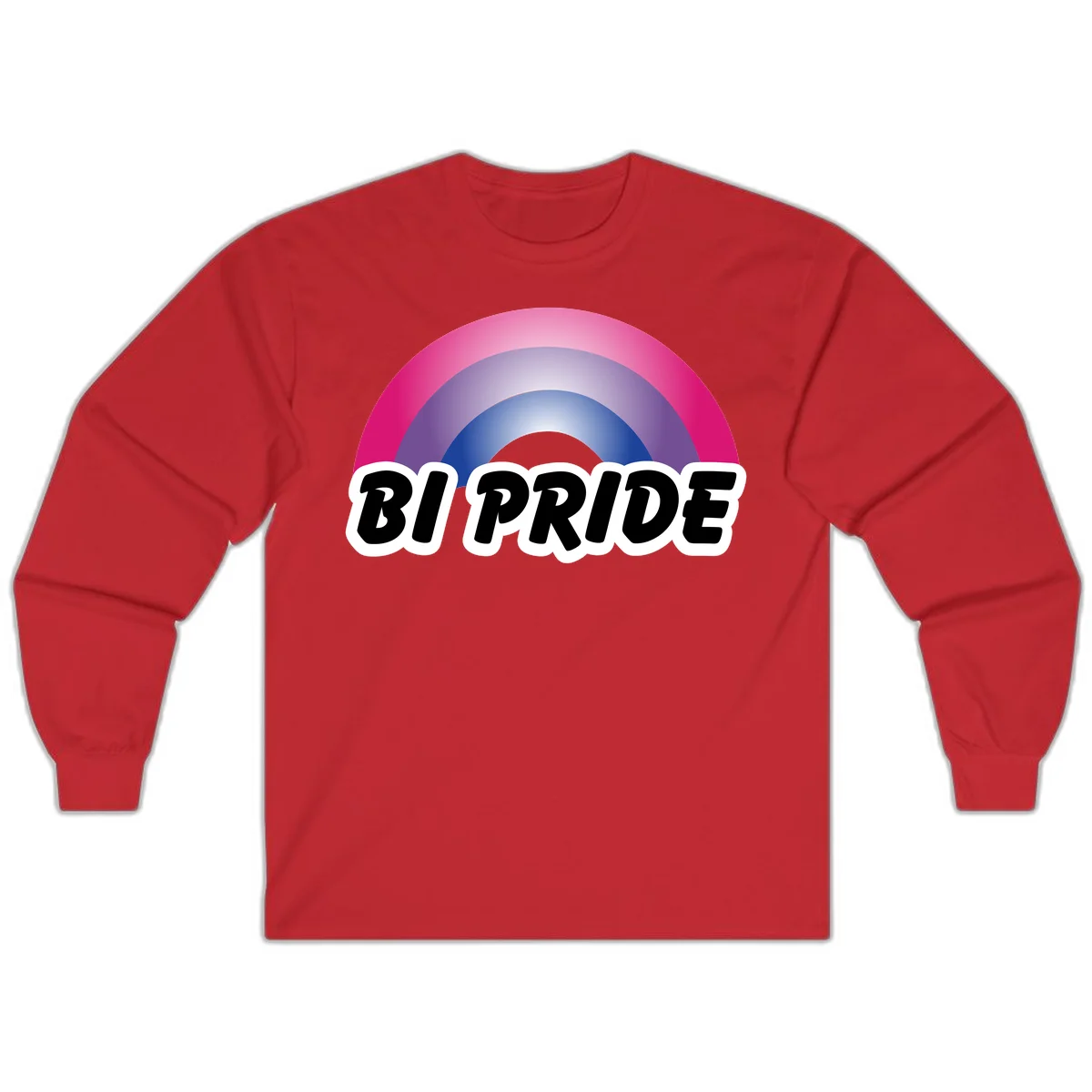 Bi pride rainbow gradient arc with concentric circles in pink, purple, and blue colors, with bold 'BI PRIDE' text below in Red