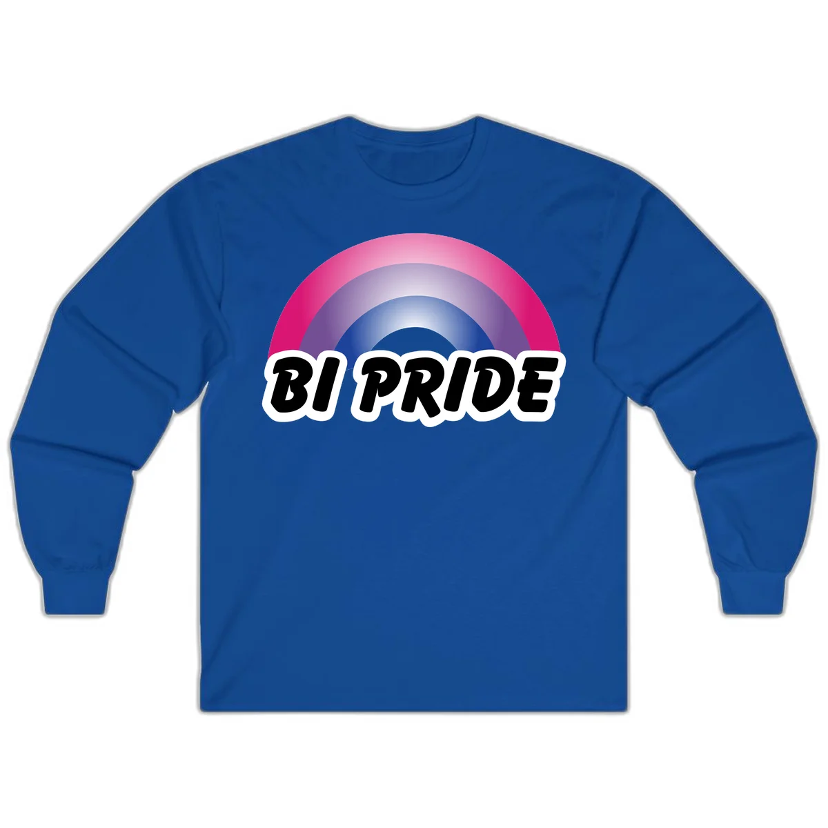 Bi pride rainbow gradient arc with concentric circles in pink, purple, and blue colors, with bold 'BI PRIDE' text below in Royal