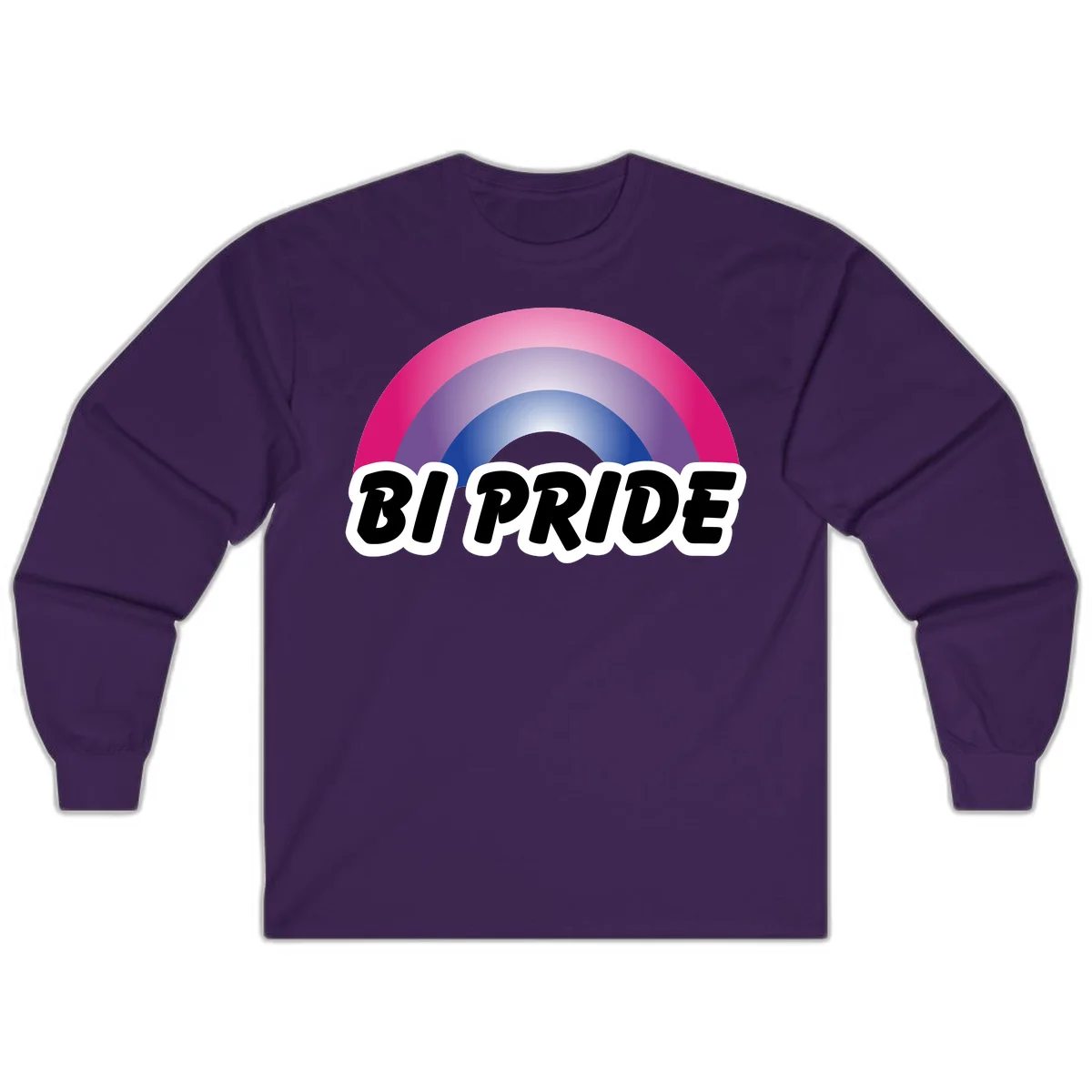 Bi pride rainbow gradient arc with concentric circles in pink, purple, and blue colors, with bold 'BI PRIDE' text below in Purple