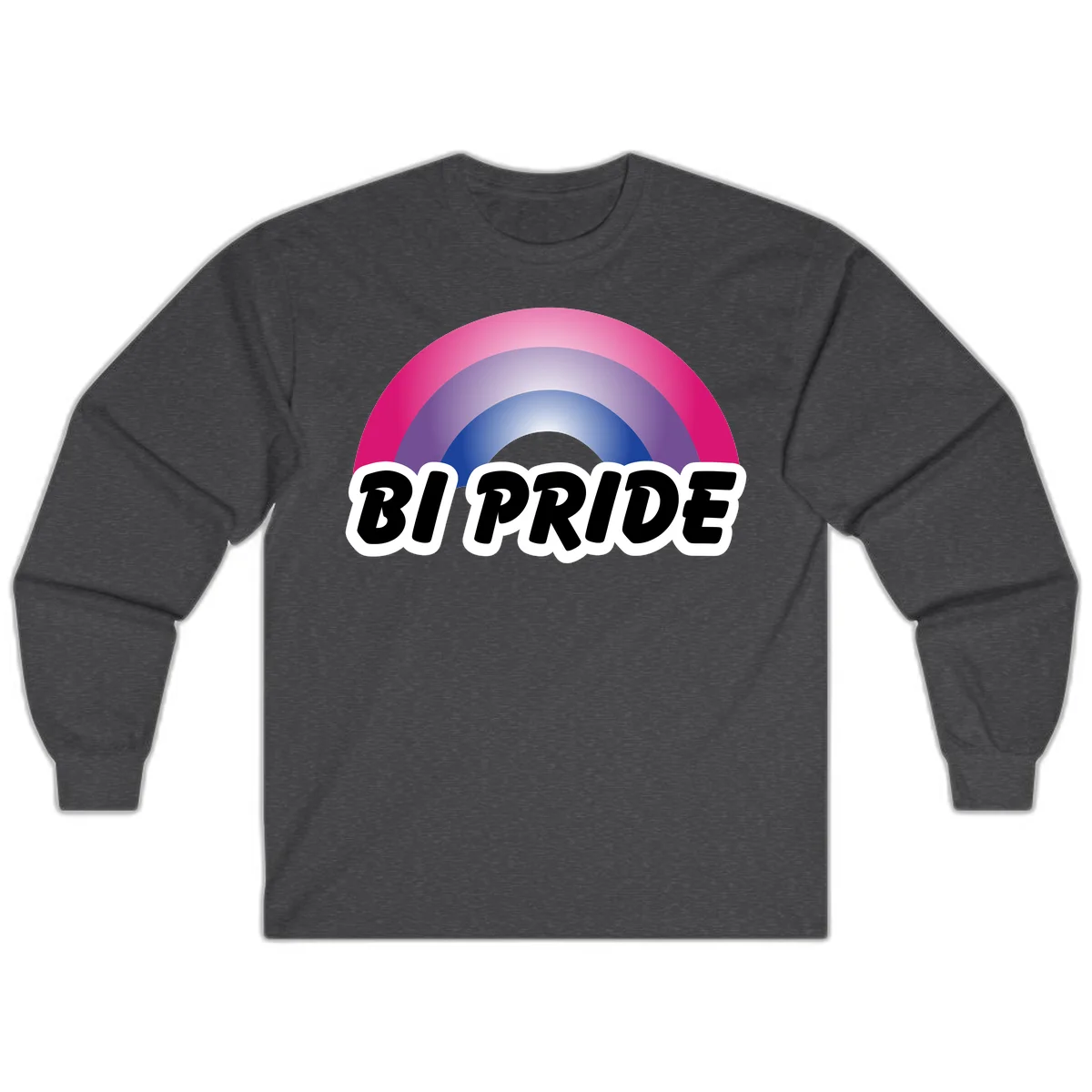 Bi pride rainbow gradient arc with concentric circles in pink, purple, and blue colors, with bold 'BI PRIDE' text below in Dark Heather