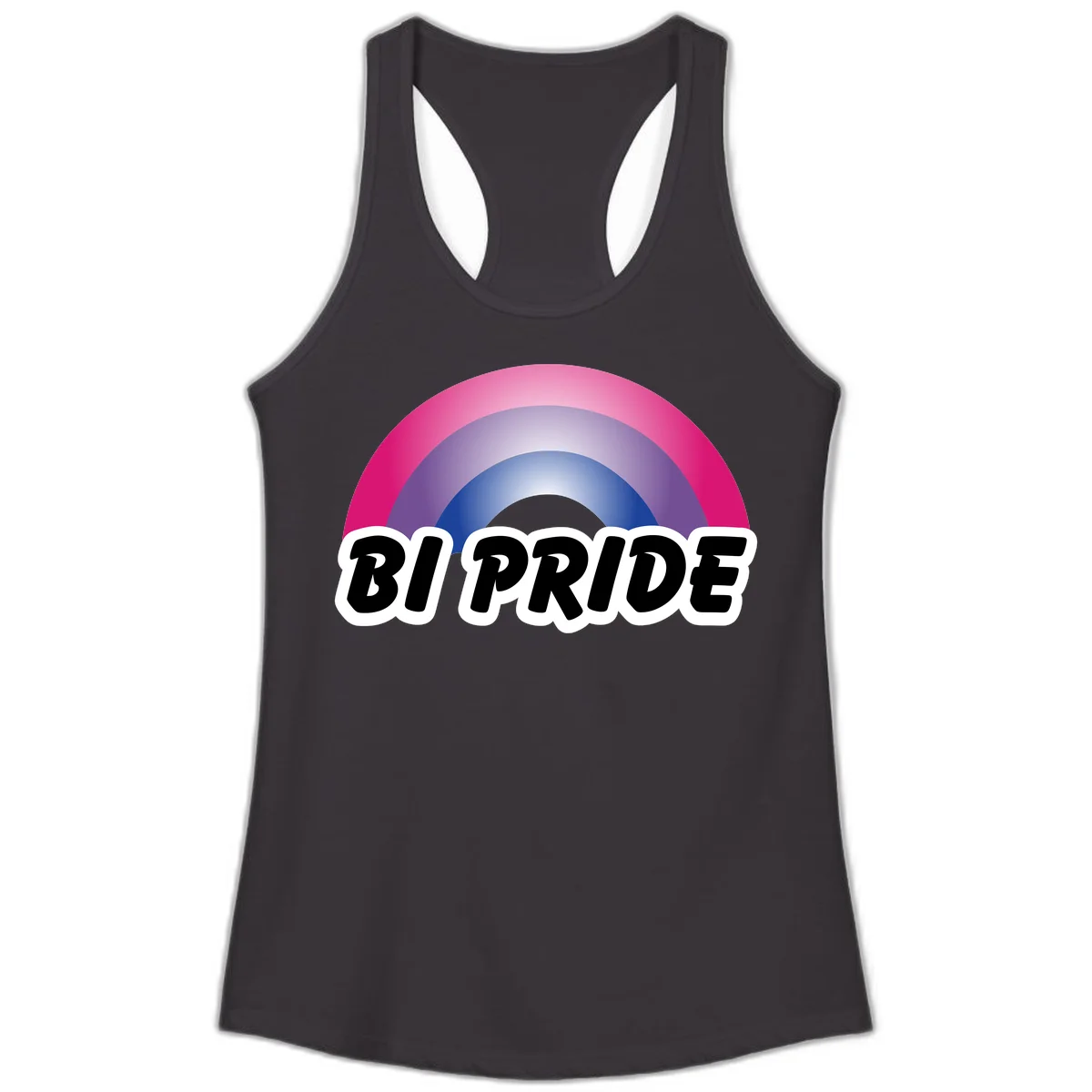 Bi pride rainbow gradient arc with concentric circles in pink, purple, and blue colors, with bold 'BI PRIDE' text below in Black