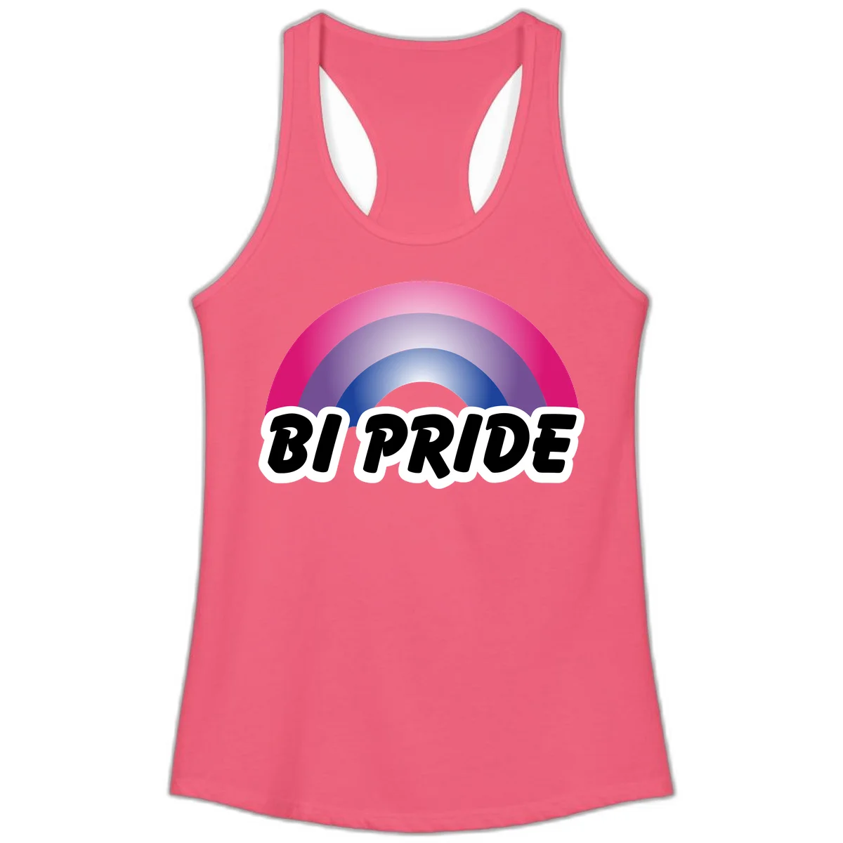 Bi pride rainbow gradient arc with concentric circles in pink, purple, and blue colors, with bold 'BI PRIDE' text below in Hot Pink