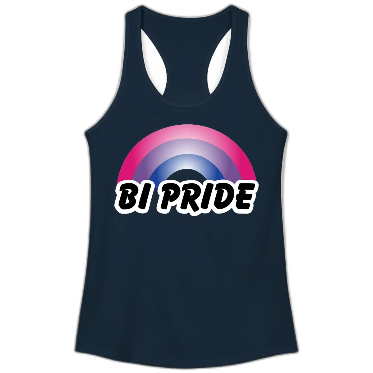 Bi pride rainbow gradient arc with concentric circles in pink, purple, and blue colors, with bold 'BI PRIDE' text below in Solid Midnight Navy