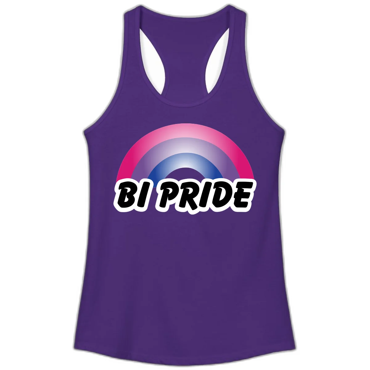 Bi pride rainbow gradient arc with concentric circles in pink, purple, and blue colors, with bold 'BI PRIDE' text below in Solid Purple Rush