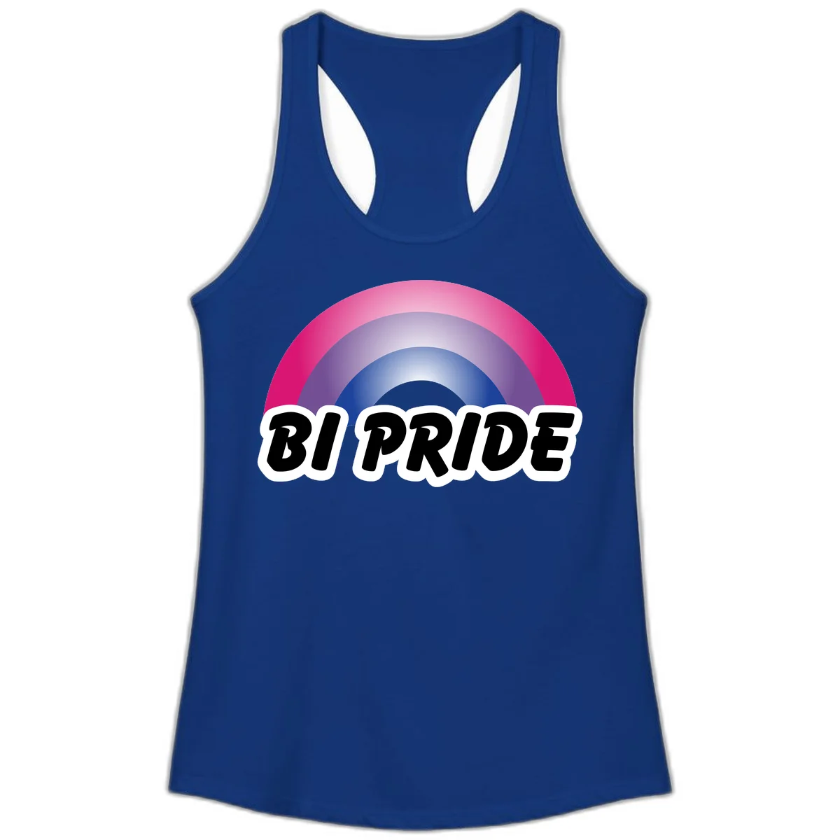 Bi pride rainbow gradient arc with concentric circles in pink, purple, and blue colors, with bold 'BI PRIDE' text below in Solid Royal