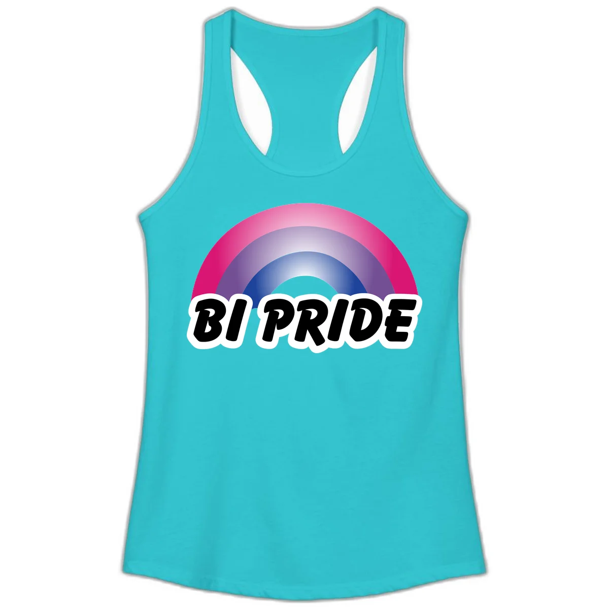 Bi pride rainbow gradient arc with concentric circles in pink, purple, and blue colors, with bold 'BI PRIDE' text below in Solid Tahiti Blue