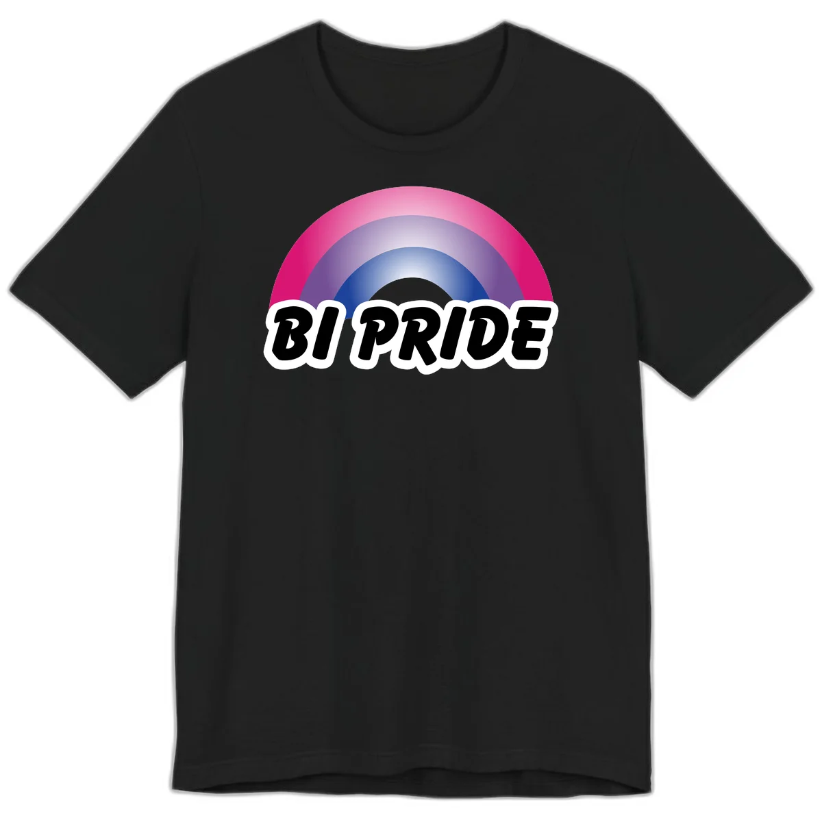 Bi pride rainbow gradient arc with concentric circles in pink, purple, and blue colors, with bold 'BI PRIDE' text below in Black