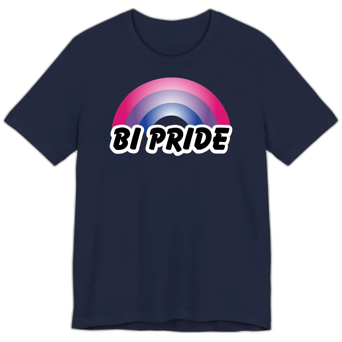 Bi pride rainbow gradient arc with concentric circles in pink, purple, and blue colors, with bold 'BI PRIDE' text below in Navy